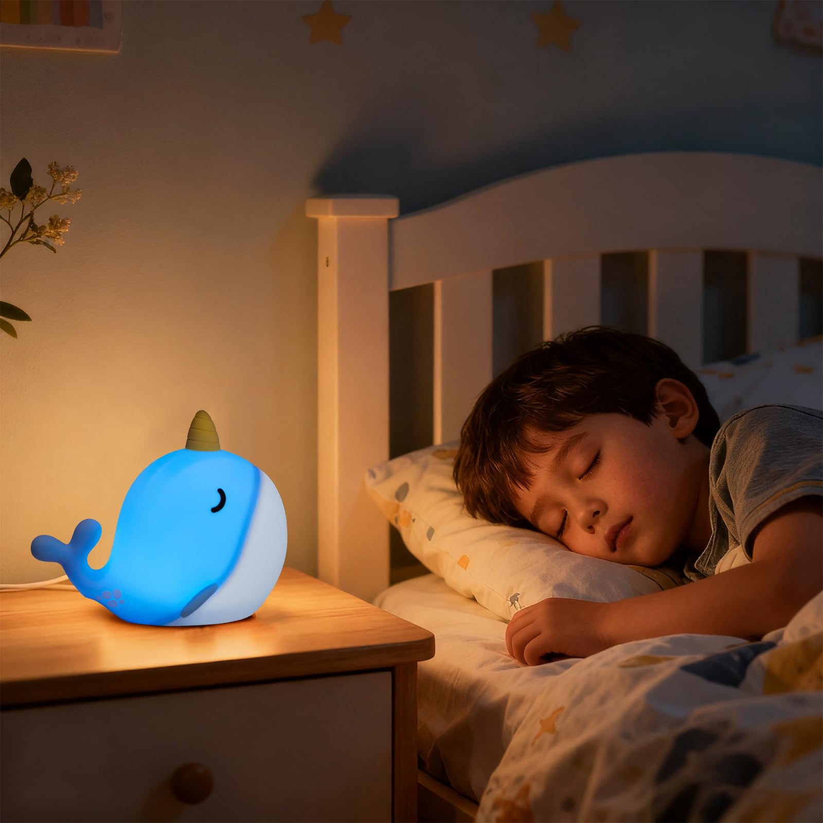 Hpydiy Cute Narwhal Night Light  Tap Control & Color Changing  Usb Kids Bed Lamp With Timer  Soft Silicore Glow For Nursery  Birthday Gift (Blue Narwhal 7-Color)