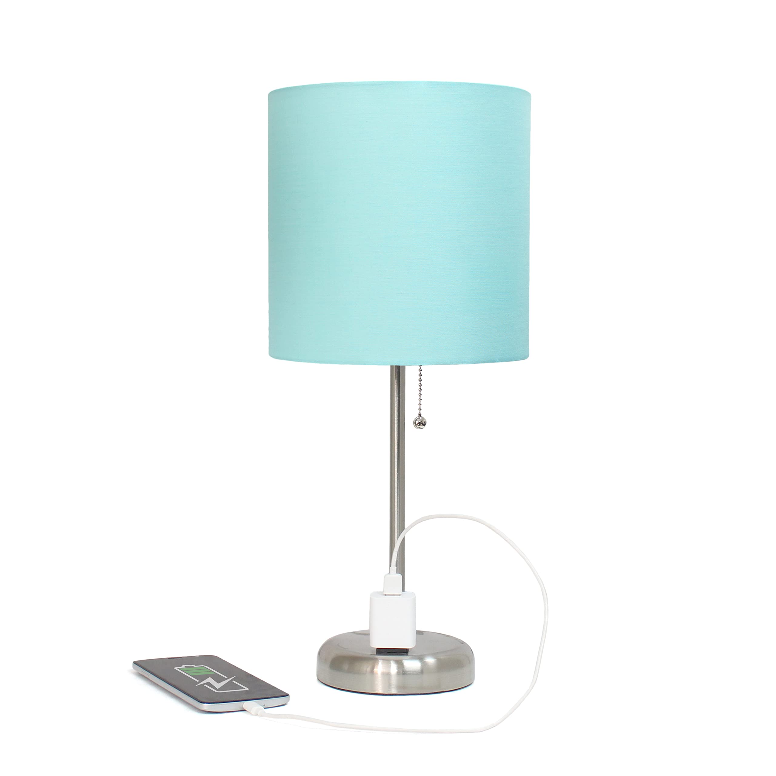 Simple Designs LT1144-AQU Sleek and Slender Brushed Steel Table Lamp with Charging Outlet, for Bedroom, Living Room, Entryway, Office, Dining Room, Study, Aqua Shade