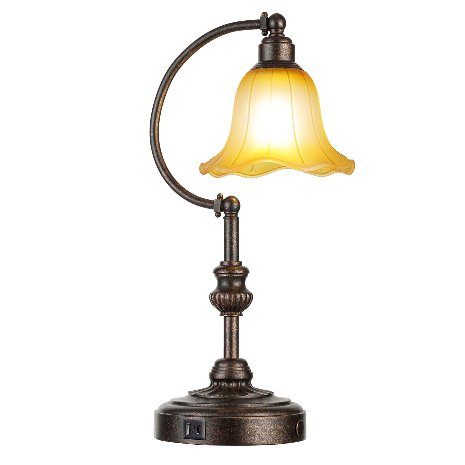 RORIA Touch Farmhouse Table Lamp, 3-Way Dimmable, USB Ports, Vintage Amber Glass Shade, Bronze, Model LM-8922