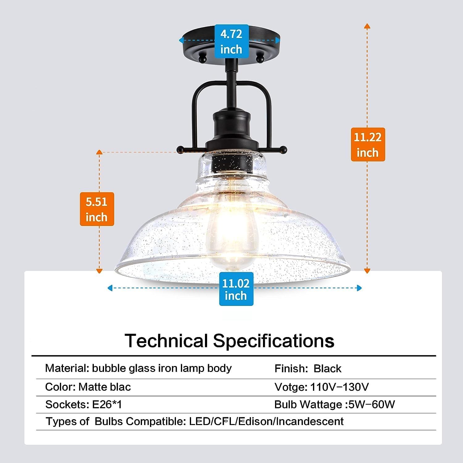 Zlepmlla Flush Mount Ceiling Light Fixture, Black Metal Frame & Seeded Glass, Model 8726-1x, Ideal for Kitchen Island & Entryway