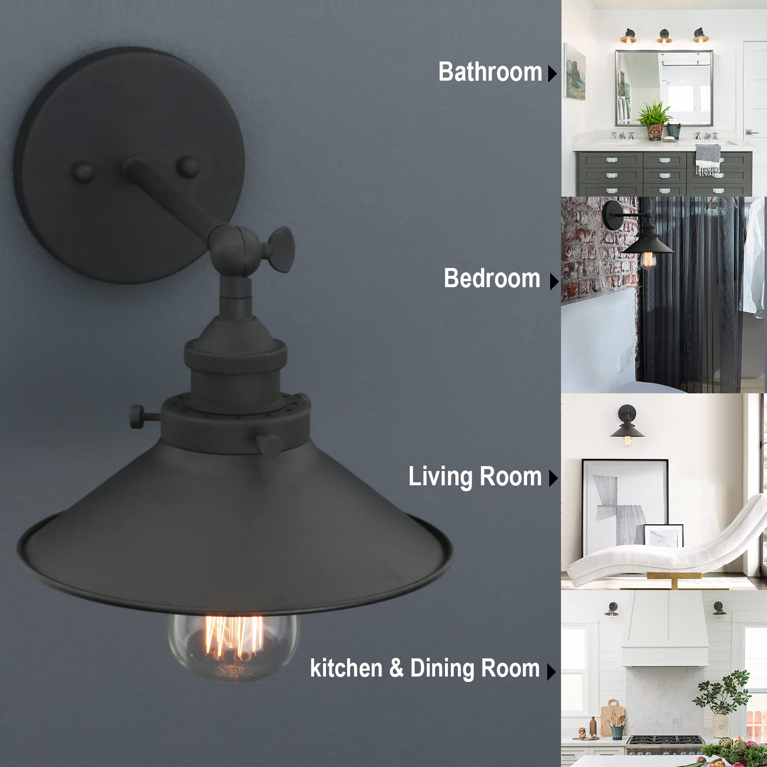 Phansthy Wall Sconce Light, Vintage Style, Metal, 8.1 Inches, Adjustable Direction, Black, Model FTY288TH