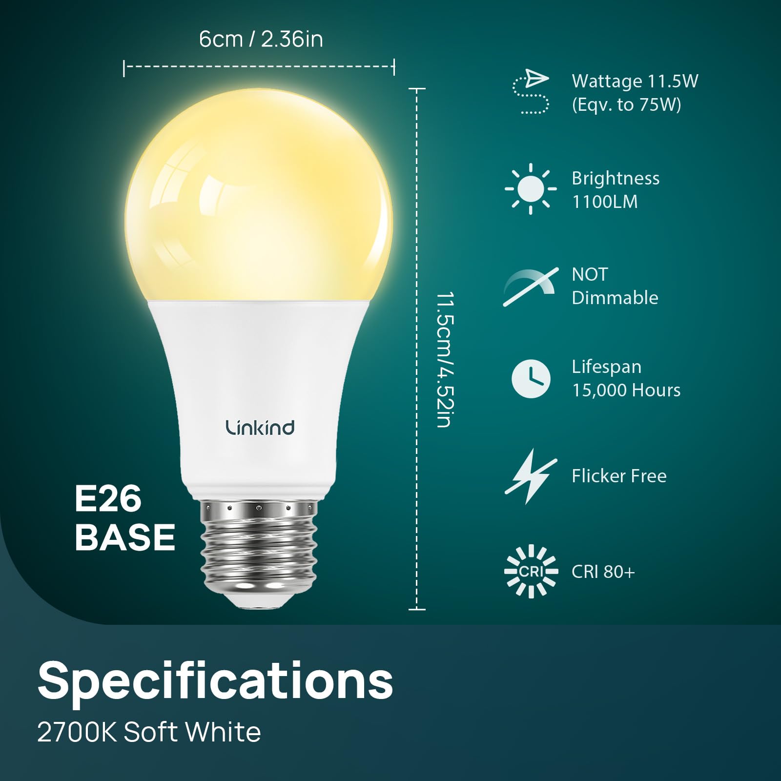 Linkind A19 Led Light Bulb, 75W Equivalent, 11.5W 2700K Soft White, 1100 Lumens Non-Dimmable Led Bulb, E26 Standard Base, Energy