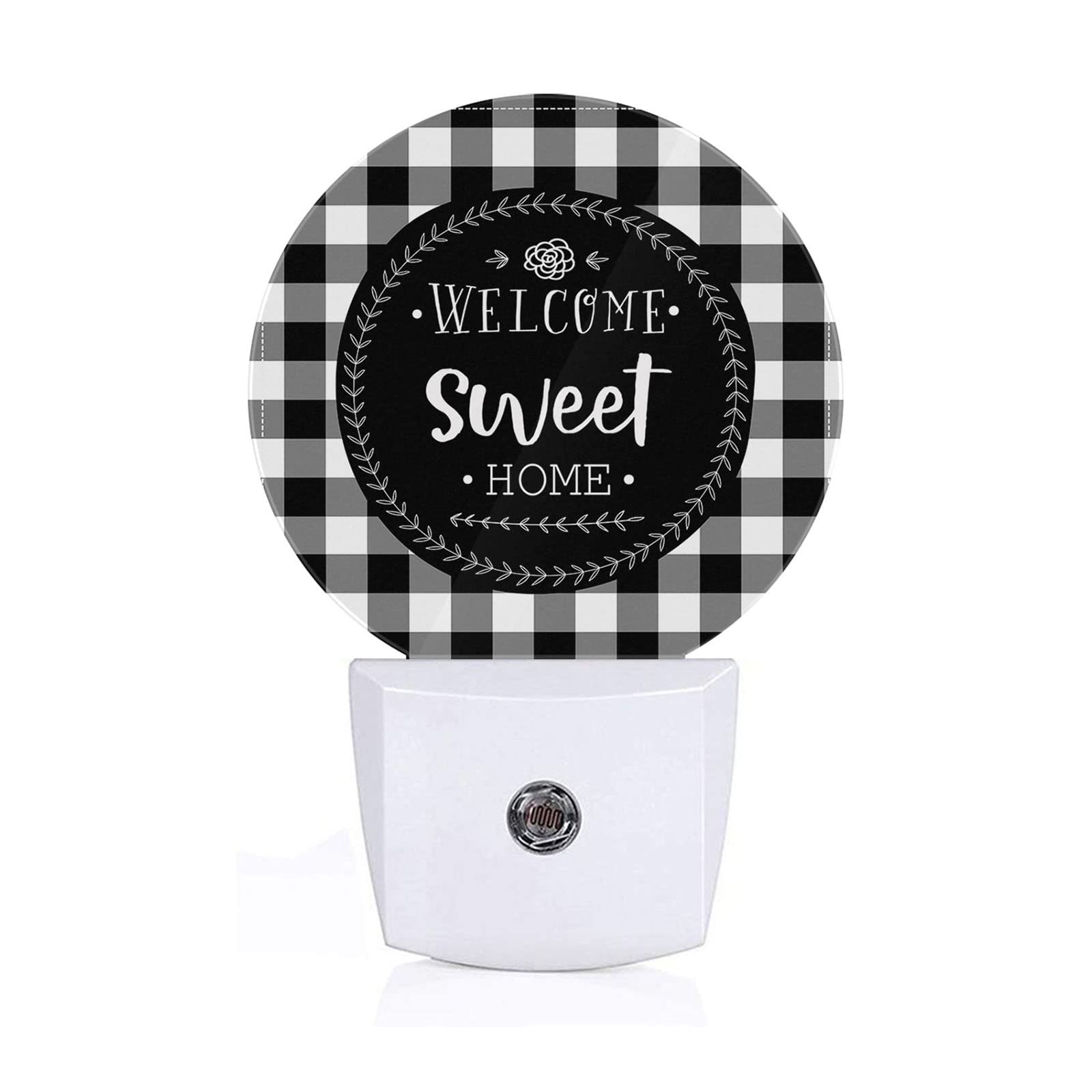 Axayaz Welcome Sweet Home Plug In Night Light Black White Checkered Plaid Buffalo Auto Led Lamp Energy Saving Round Lights For Boys Girls Men Women
