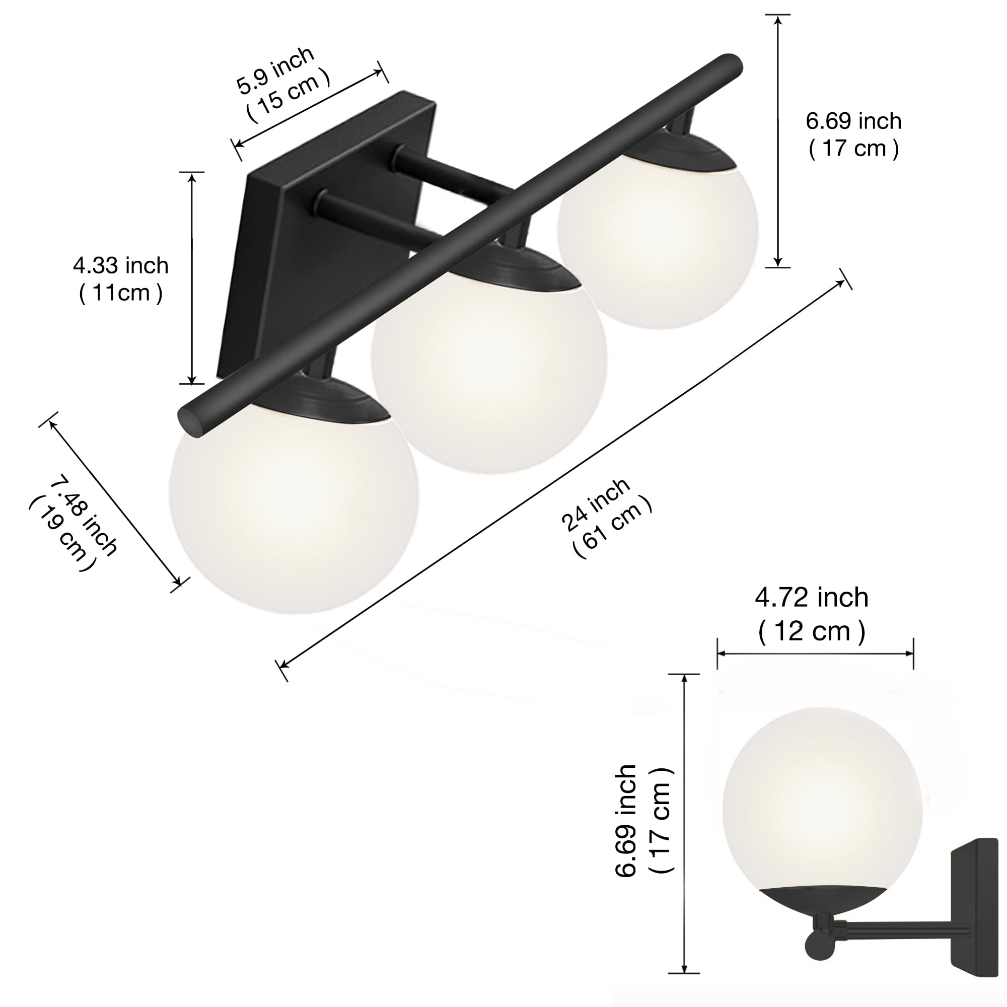 YHTlaeh Bathroom Vanity Light Fixture, Brushed Bronze, 3-Light, 24-Inch, G9, Milk White Globe Glass Shade, Modern Wall Sconce, Black
