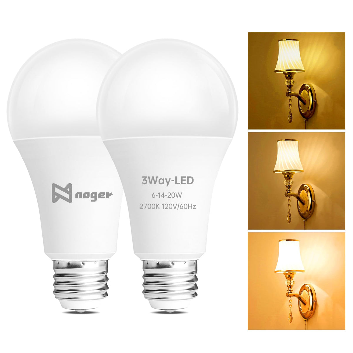 Noger 3-Way Led Light Bulbs A21, 50 100 150W Equivalent, 2700K Soft White, 3 Way E26 Light Bulbs For Reading, 500-1600-2200Lm, 2