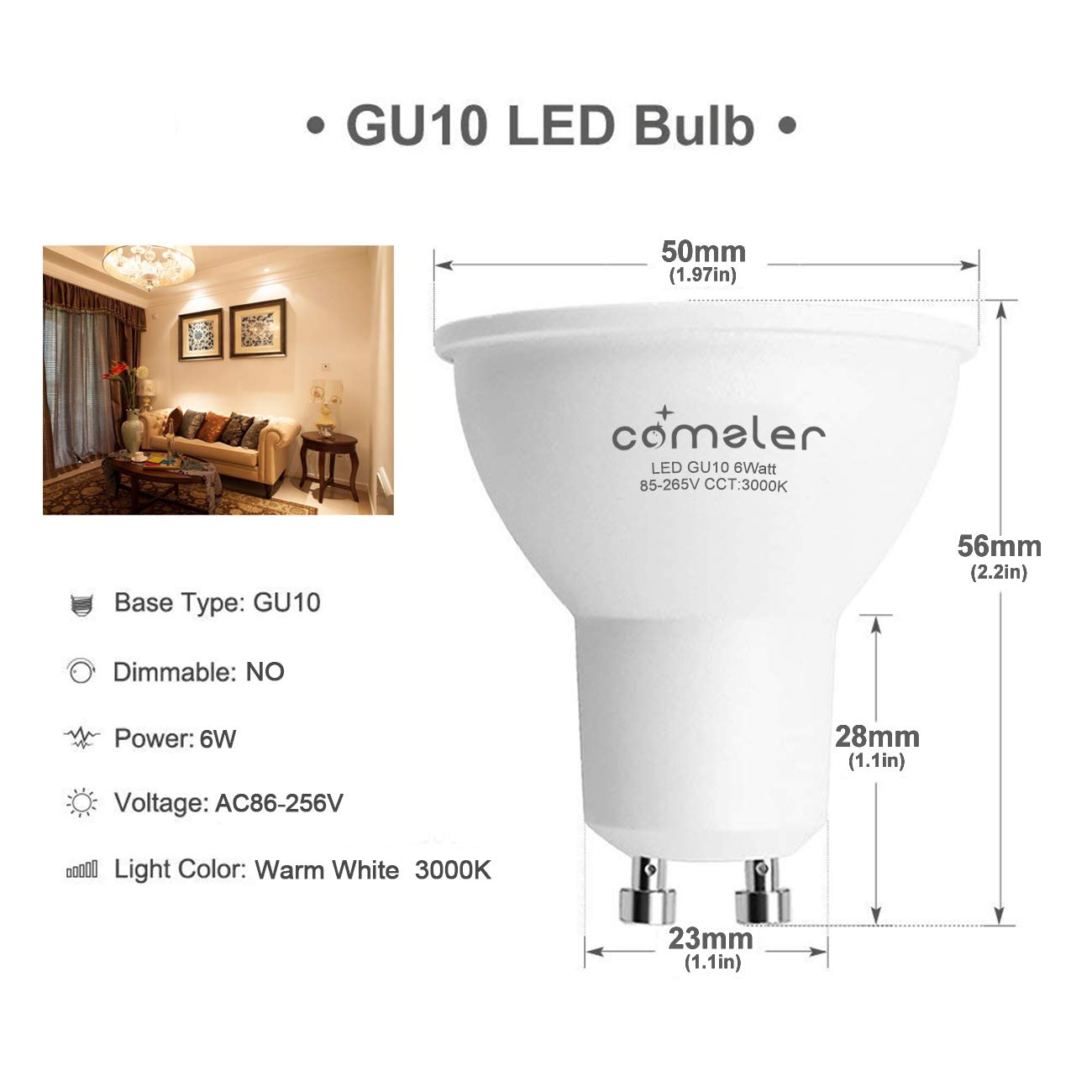 Comzler Gu10 Led Bulbs, 6W (50W Equivalent), Gu10 Shape Halogen Replacement Bulb, 3000K Warm White, 120, 120V,550Lm, Not-Dimmabl