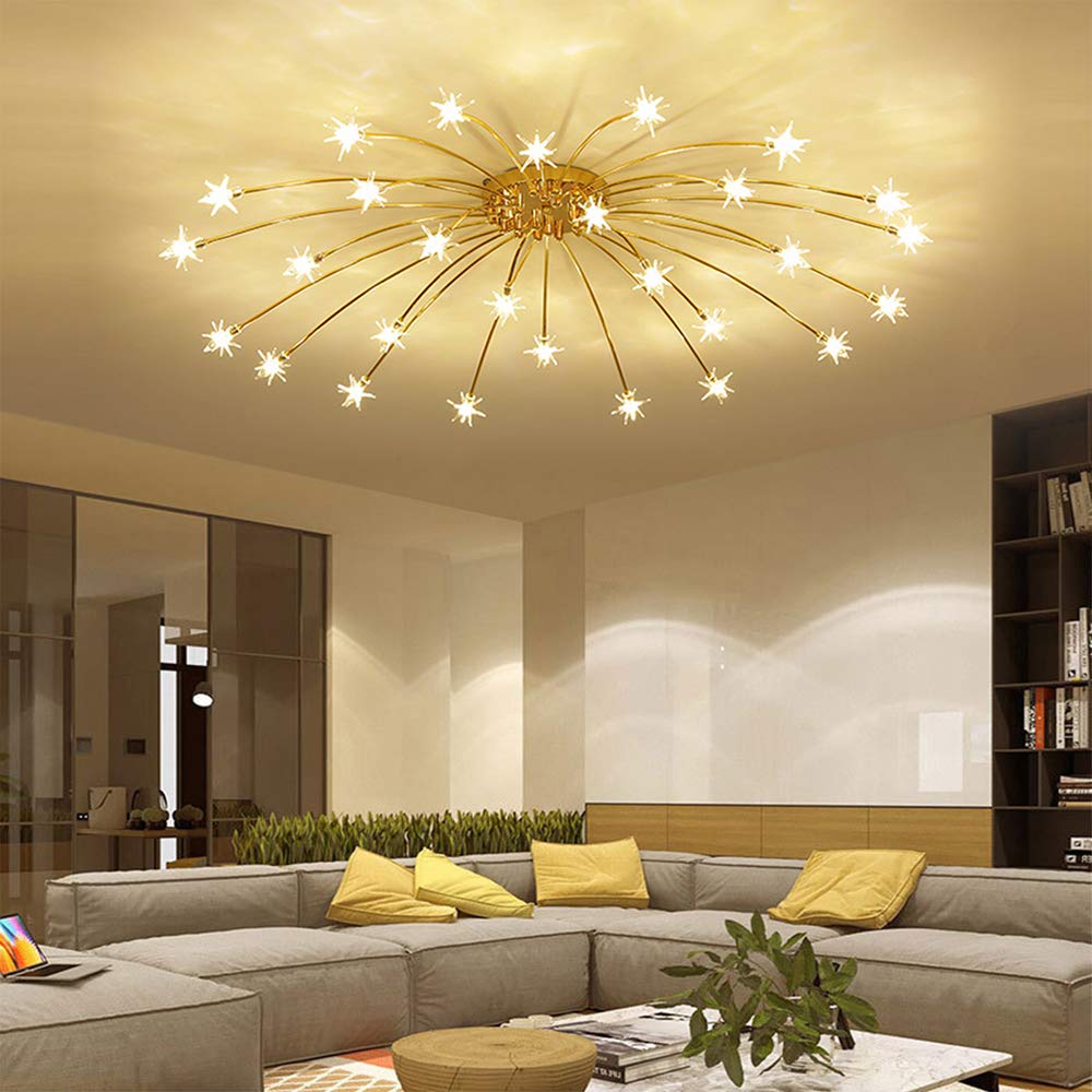 DZQH-Qin Gold Ceiling Light Chandelier, Metal, 28 Light, Unique Starry Design, Flush Mount Fixture for Living Room, Bedroom, Dining Room