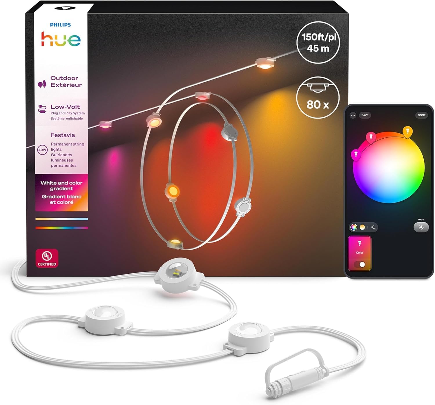Philips Hue Festavia 150ft Permanent Outdoor String Lights  80 Dimmable Lights  55 Lumens Each  Weatherproof  Water-Resistant  White Wire  Color Ambience  Bridge Required