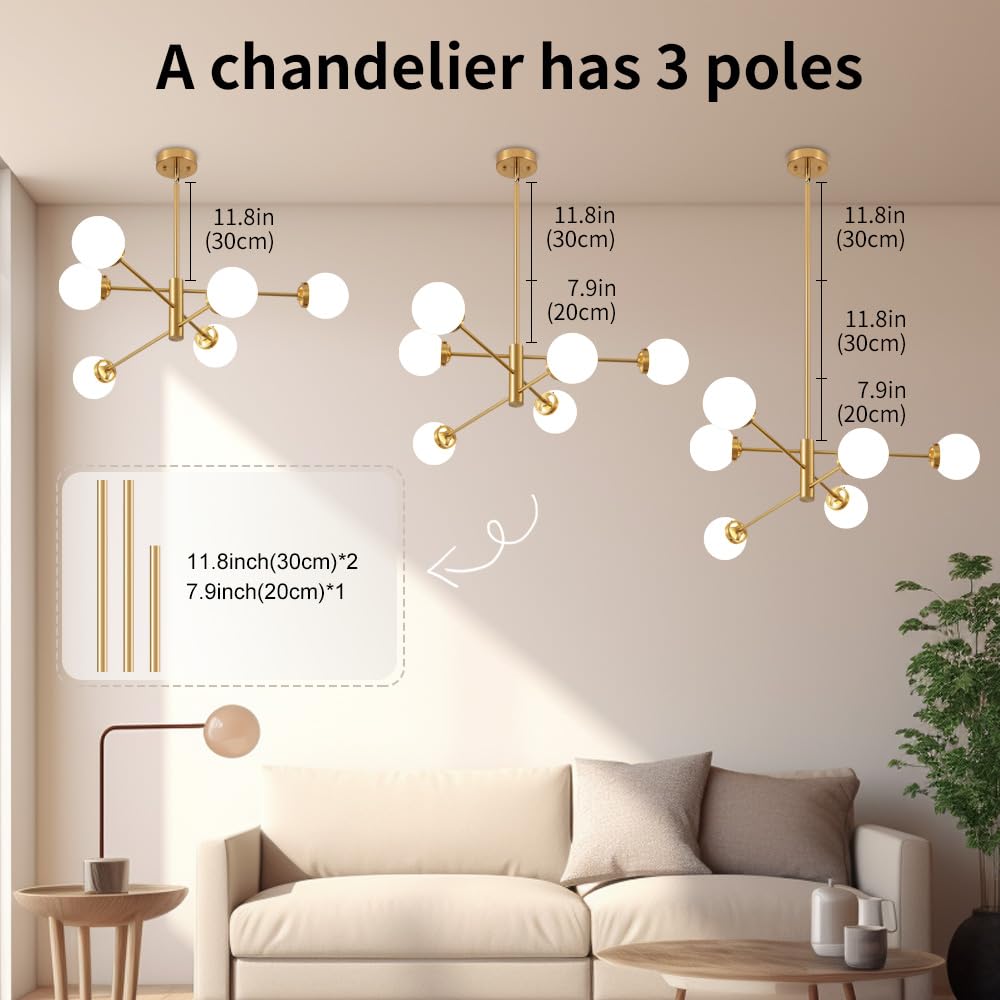 Deyidn Sputnik Chandelier, Gold Modern Chandeliers, Mid Century Ceiling Lighting Fixture 6-Lights With Milk White Glass Shade Fo