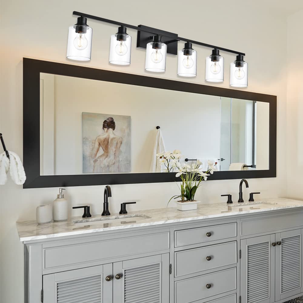 VINLUZ Bathroom Vanity Light Fixture, 6 Light Wall Sconce, Matte Black Metal Base, Clear Glass Shade