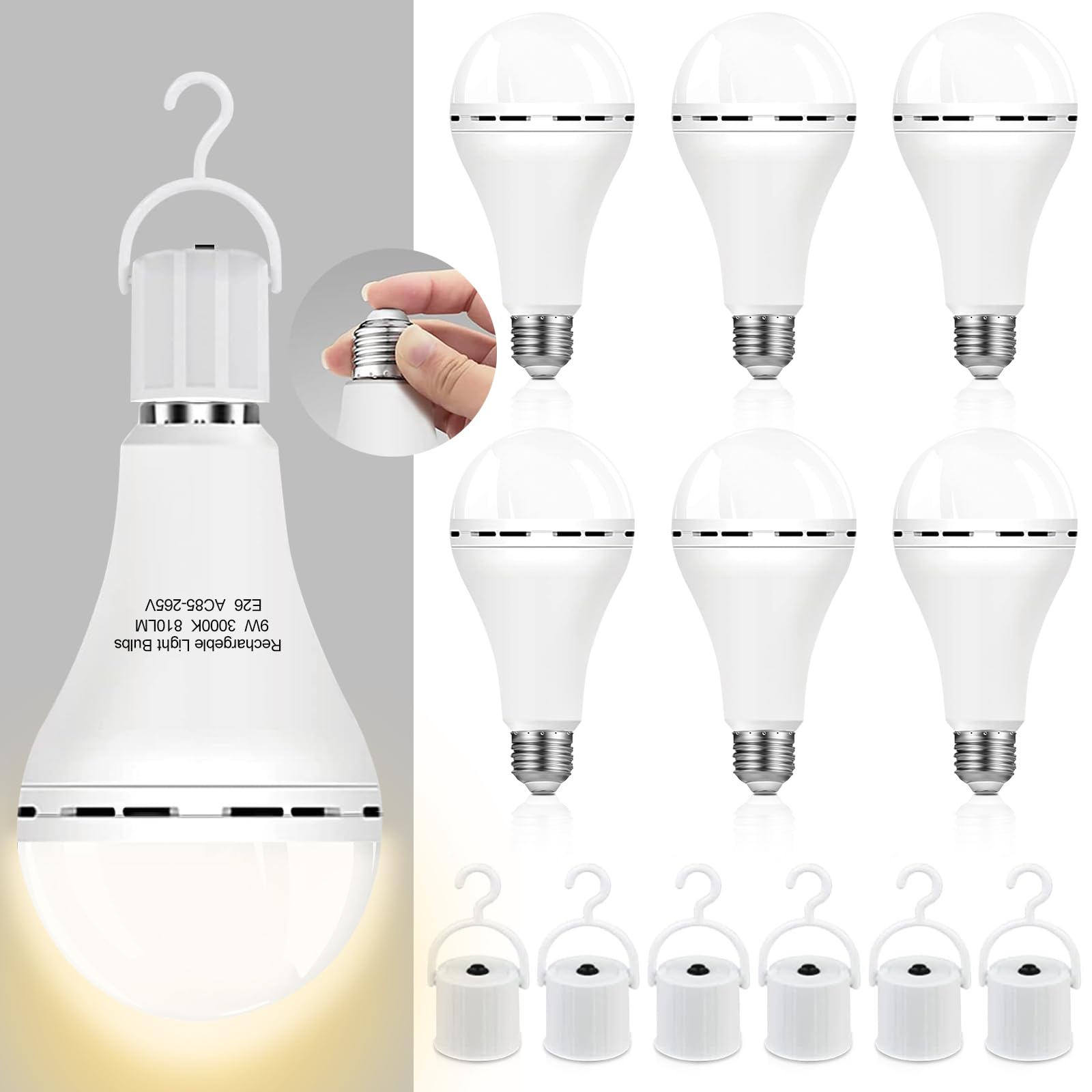 Scheinenda Rechargeable Emergency Light Bulbs,Soft White 3000K,Battery Operated Light Bulb,Keep Lighting When Power Failure,1200