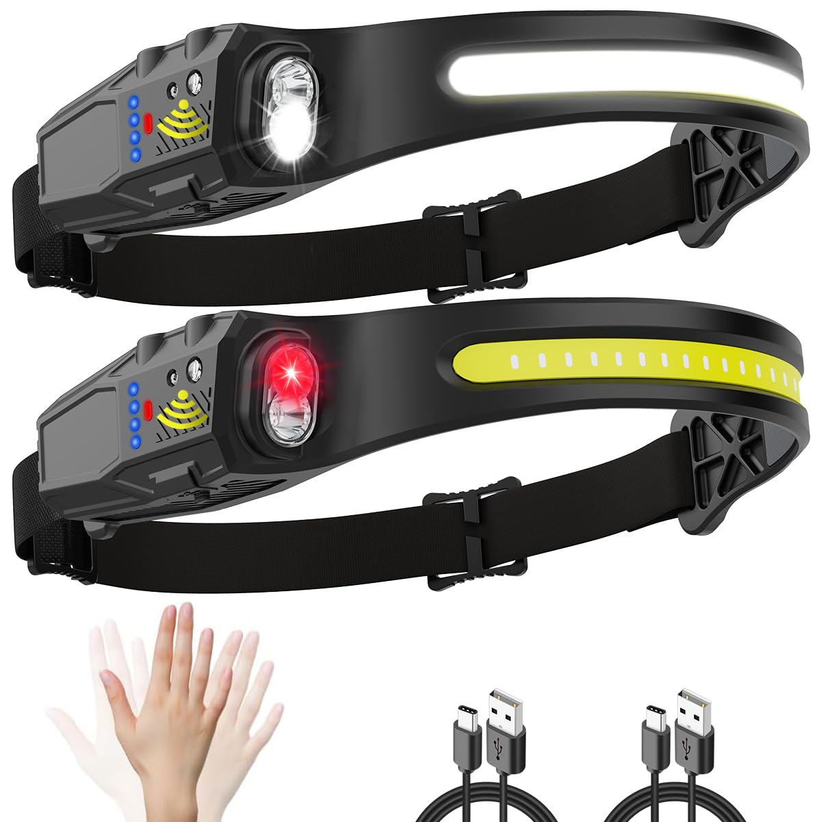 LiupTiuo Rechargeable Headlamp, Super Bright LED, 230° Wide Beam, 5 Modes, Waterproof, 2 Pack, Black, Model: headlamps-001