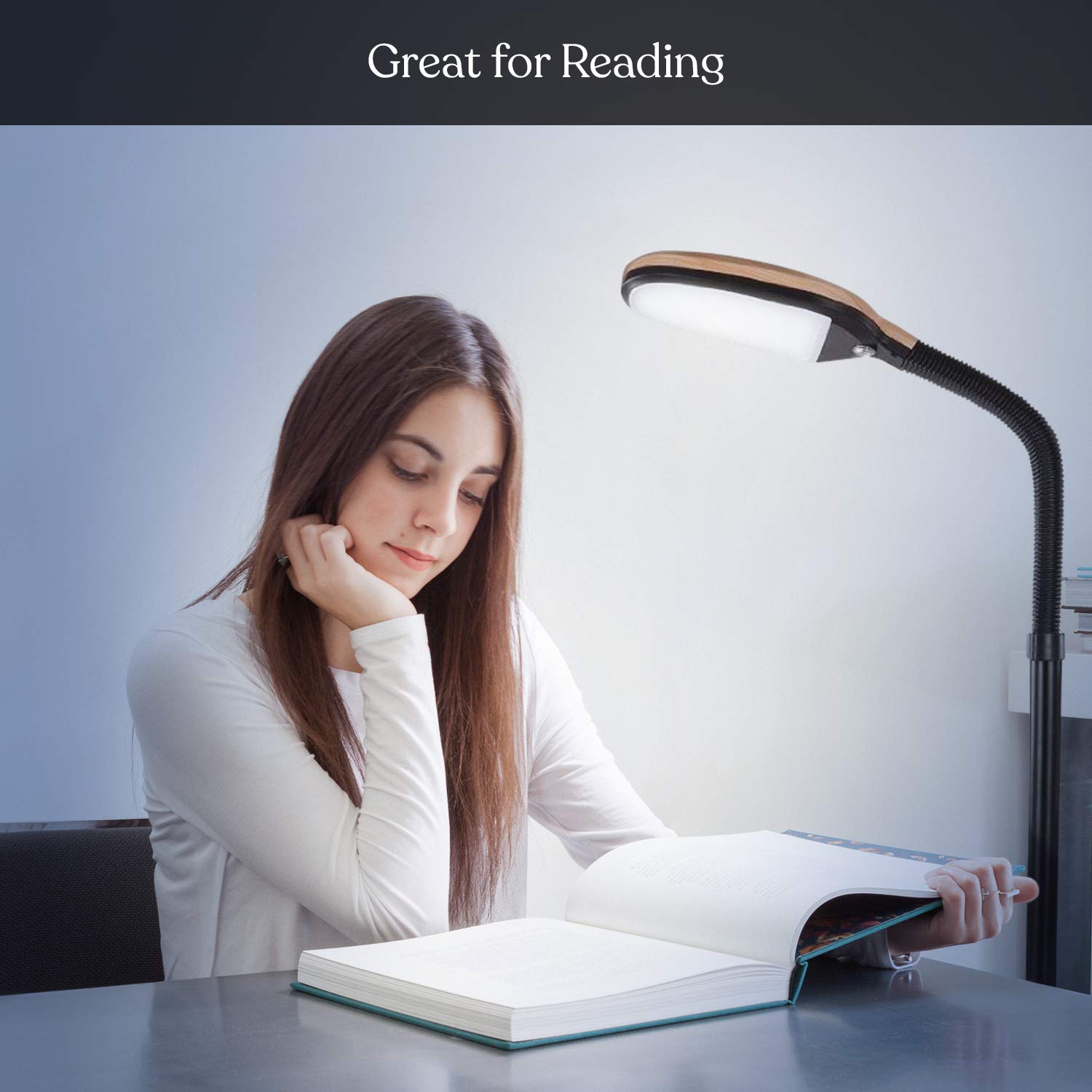 Brightech Litespan - Led Floor Reading Lamp, Modern Wooden Style, Adjustable Gooseneck, 850-950 Lumens, 12W, 3-Year Warranty
