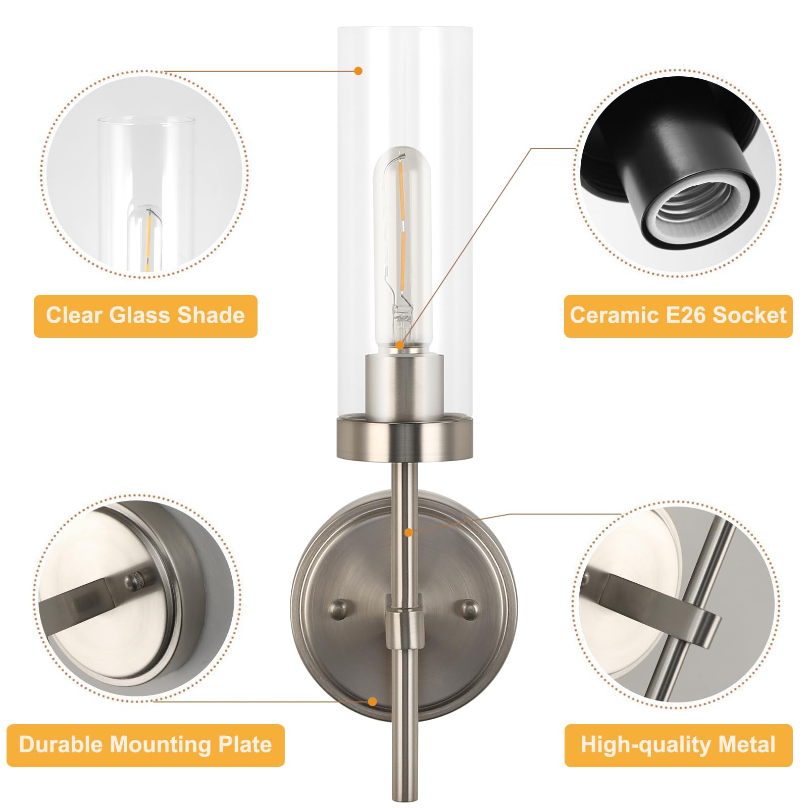 Wilon Bathroom Wall Sconces Set Of 2, Brushed Nickel Vanity Lights For Bathroom, Indoor Wall Light Fixtures With Clear Glass Sha