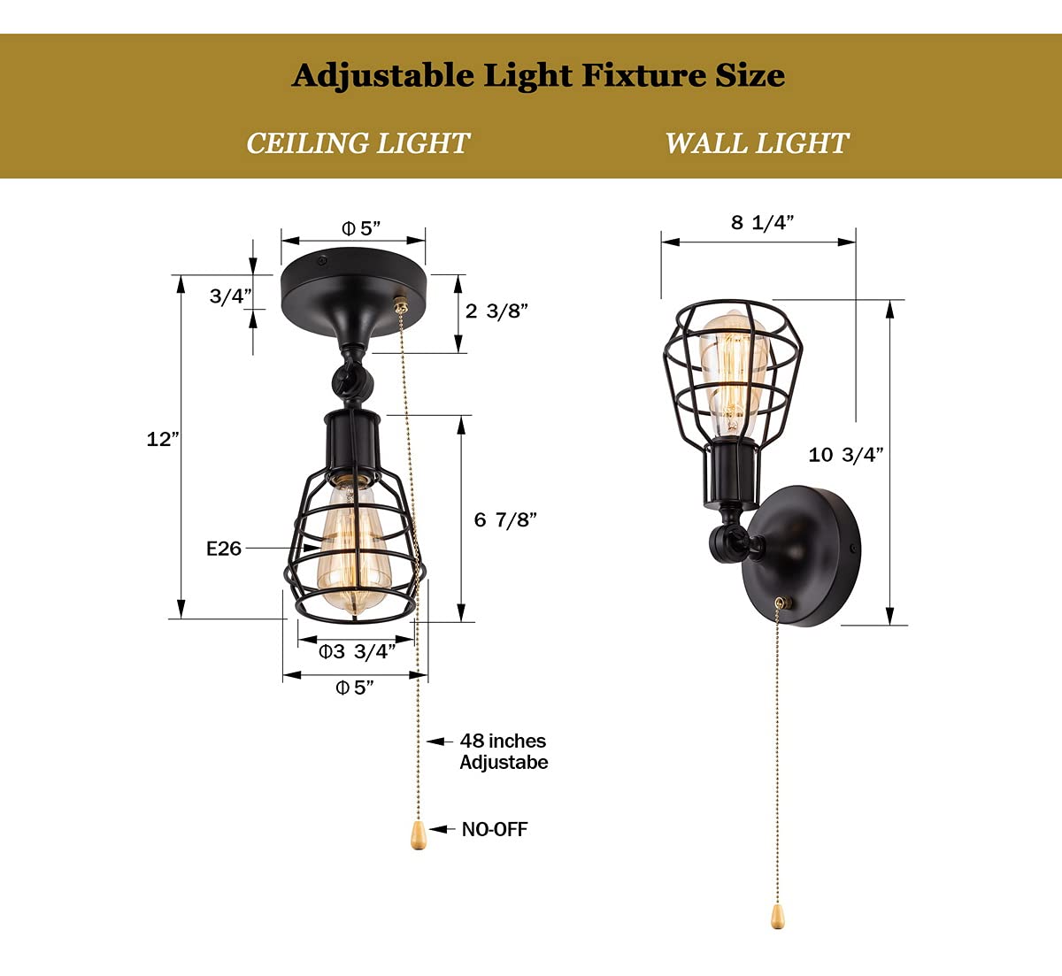 Industrial Farmhouse Close To Ceiling Light With Pull Chain 1 Light Black Semi Flush Mount Ceiling Light Adjustable Metal Cage D
