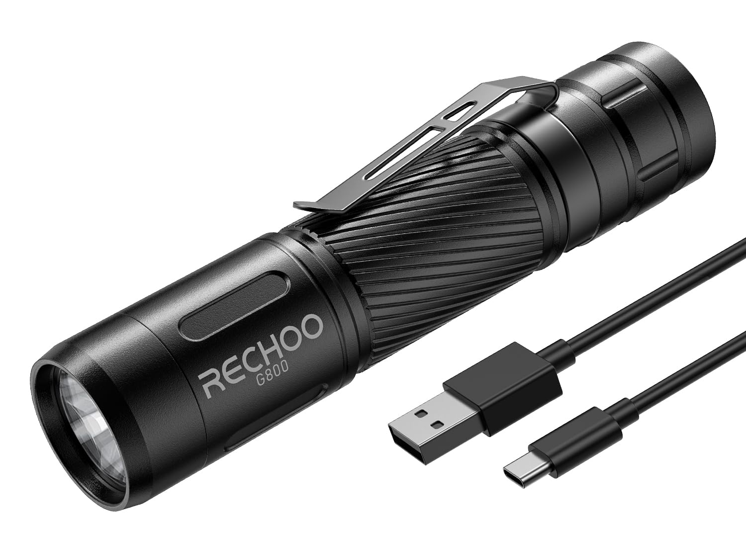 RECHOO Rechargeable Flashlight High Lumens G800, 3 Lighting Modes, Mini LED, Aluminum, Pocket-Size, Black, 1 Pack