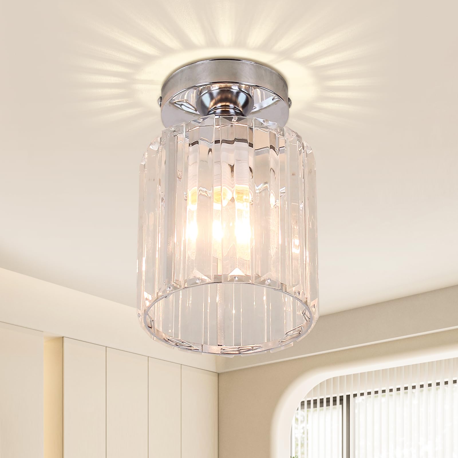 Frixchur Small Chrome Crystal Chandelier Ceiling Light Semi Flush For Hallway, Kitchen, Dining Room