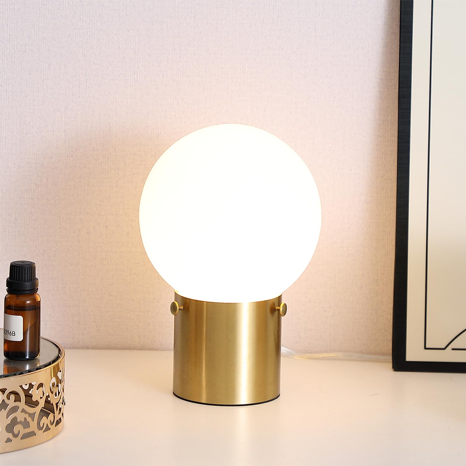 Gold Table Lamp For Nightstand With Frosted Glass Globe Lamp Shade, Mid Century Modern Bedside Lamp With Gold Metal Base, Small Nightstand Lamp Side Table Lamp For Bedroom Living Room Entryway