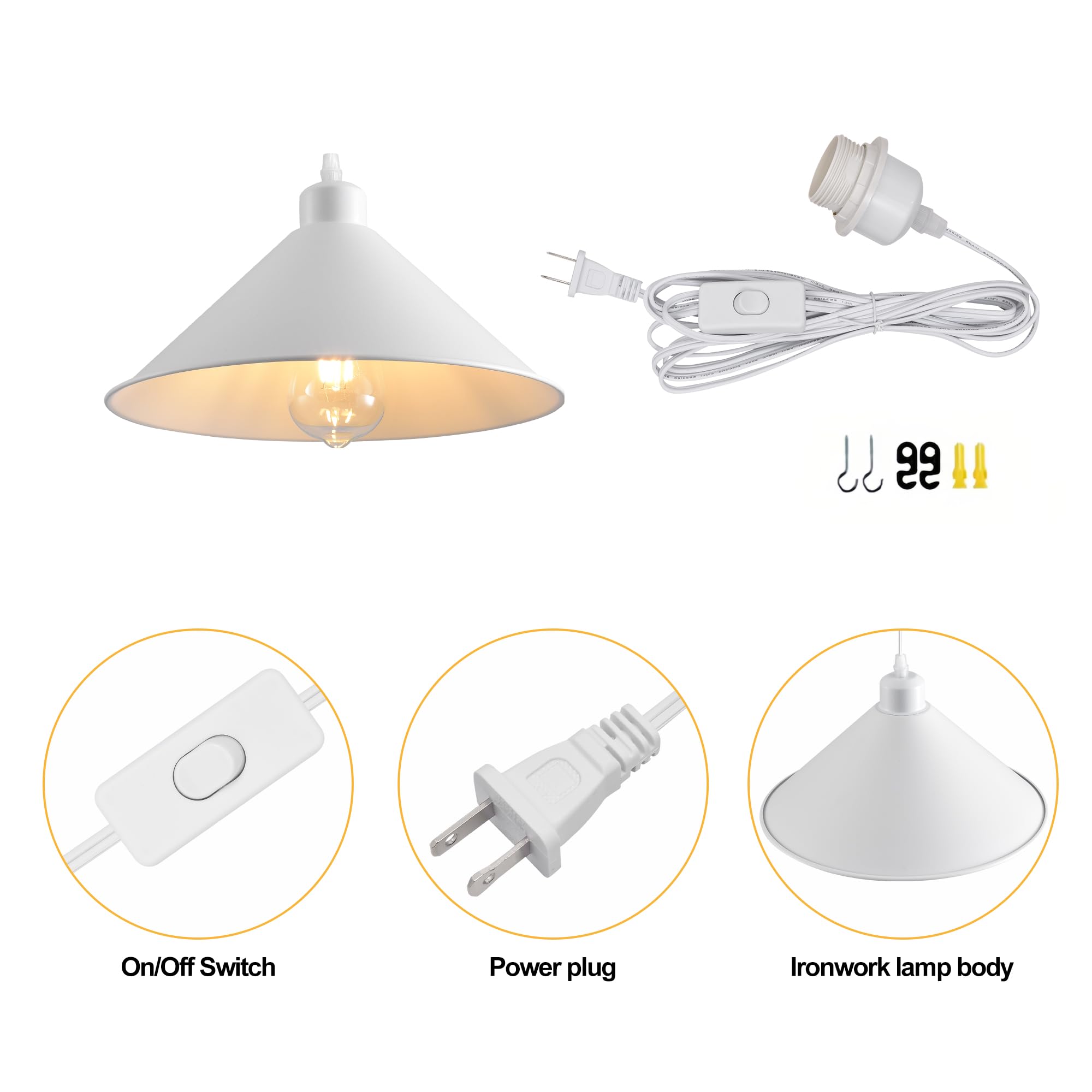 Aojunsansan Plug In Pendant Light 2 Pack Industrial Hanging Lamp White Vintage Pendant Lighting Fixtures With 15Ft Cord On/Off Switch For Kitchen Island Dinning