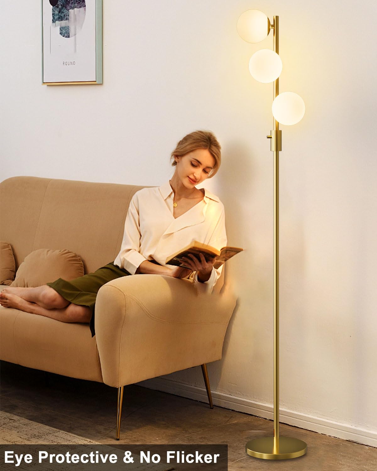 Acohook 64In Dimmable Gold Floor Lamp, Tall Standing Lamps With 3 Globe Soft Warm White Eye Care 3000K G9 Bulbs, Mid Century Mod