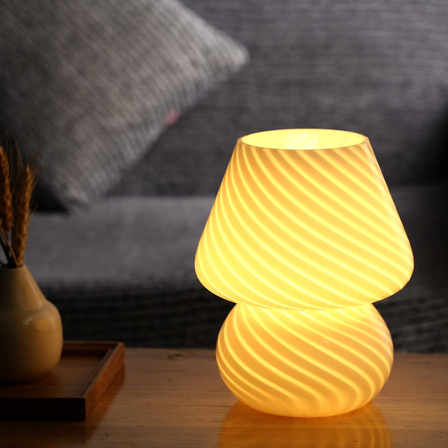 BSOD Mushroom Lamp - Glass Table Bedside Light, Cute Small Stripe White Decor for Kids & Bedroom, Model Bsod-SW-Mushroom-Lamps