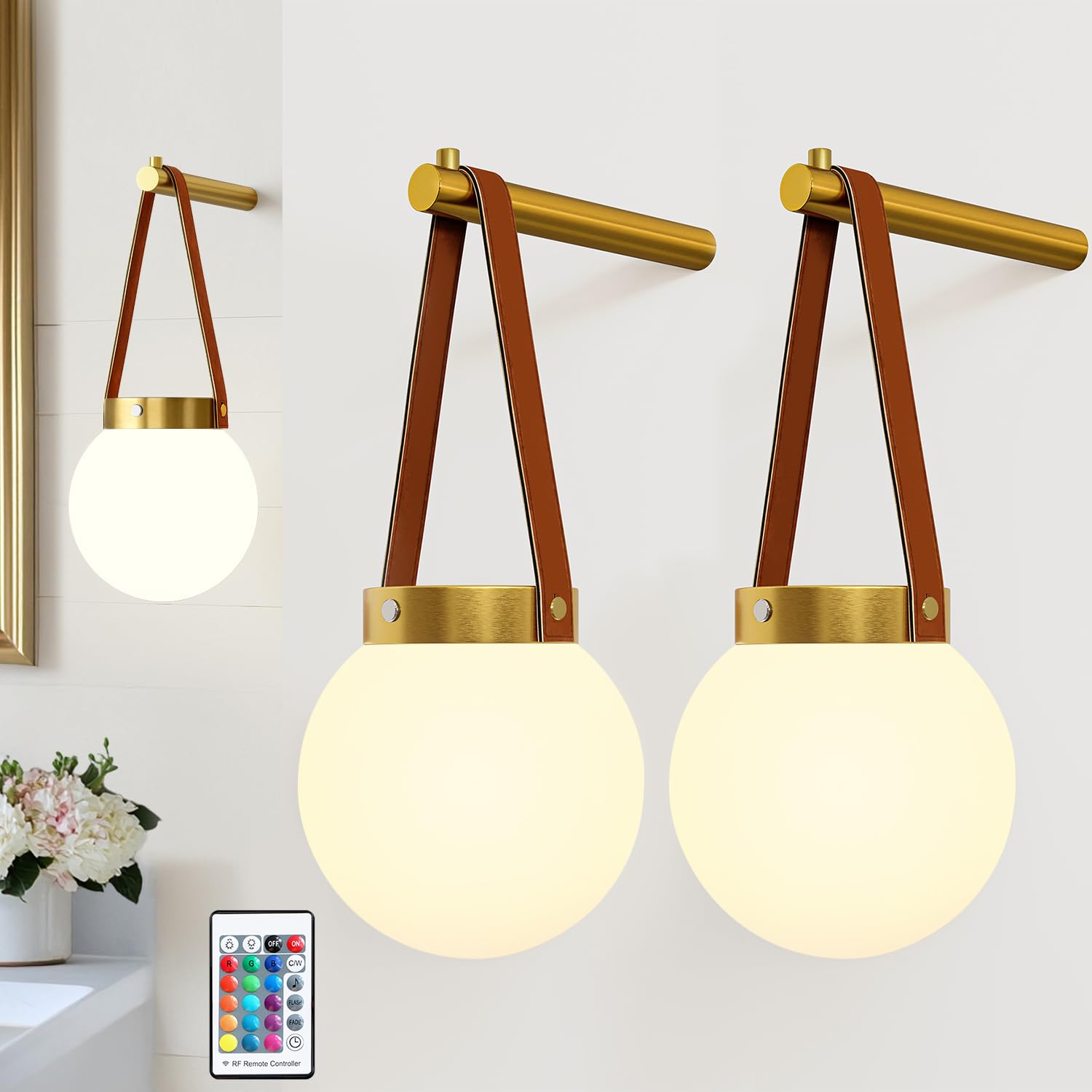 Battery Operated Wall Sconces Set Of 2, Gold Wireless Globe Wall Lights With Remote Control Warm/Natural/Daylight/Rgb 15 Colors