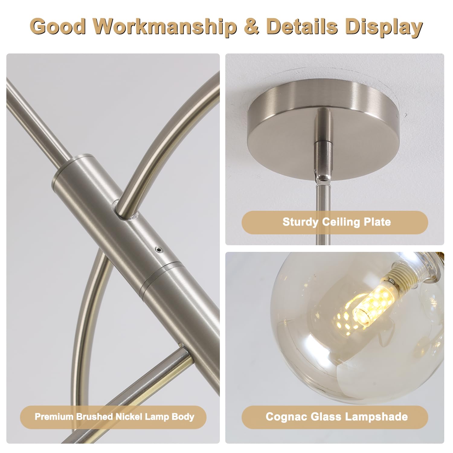 Fulesi Mid Century Modern Sputnik Chandelier With Glass Globe Cognac Shade Adjustable 5 Light Silver Chandelier For Dining Room