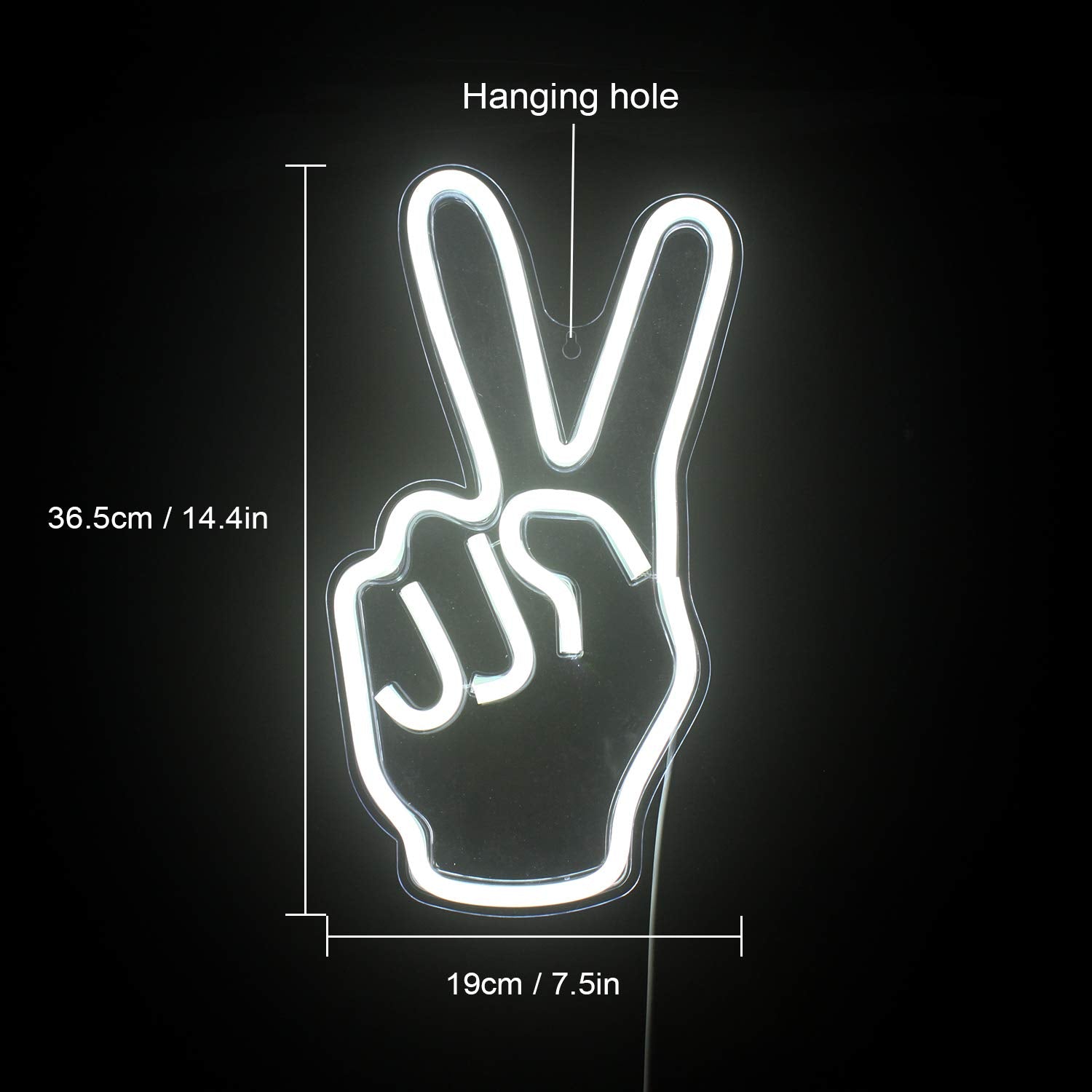 ineonlife Neon Peace Sign LED Light - 15in  x 8in , Acrylic, C-Gesture-White, USB with Switch, Wall Decor for Kids and Parties