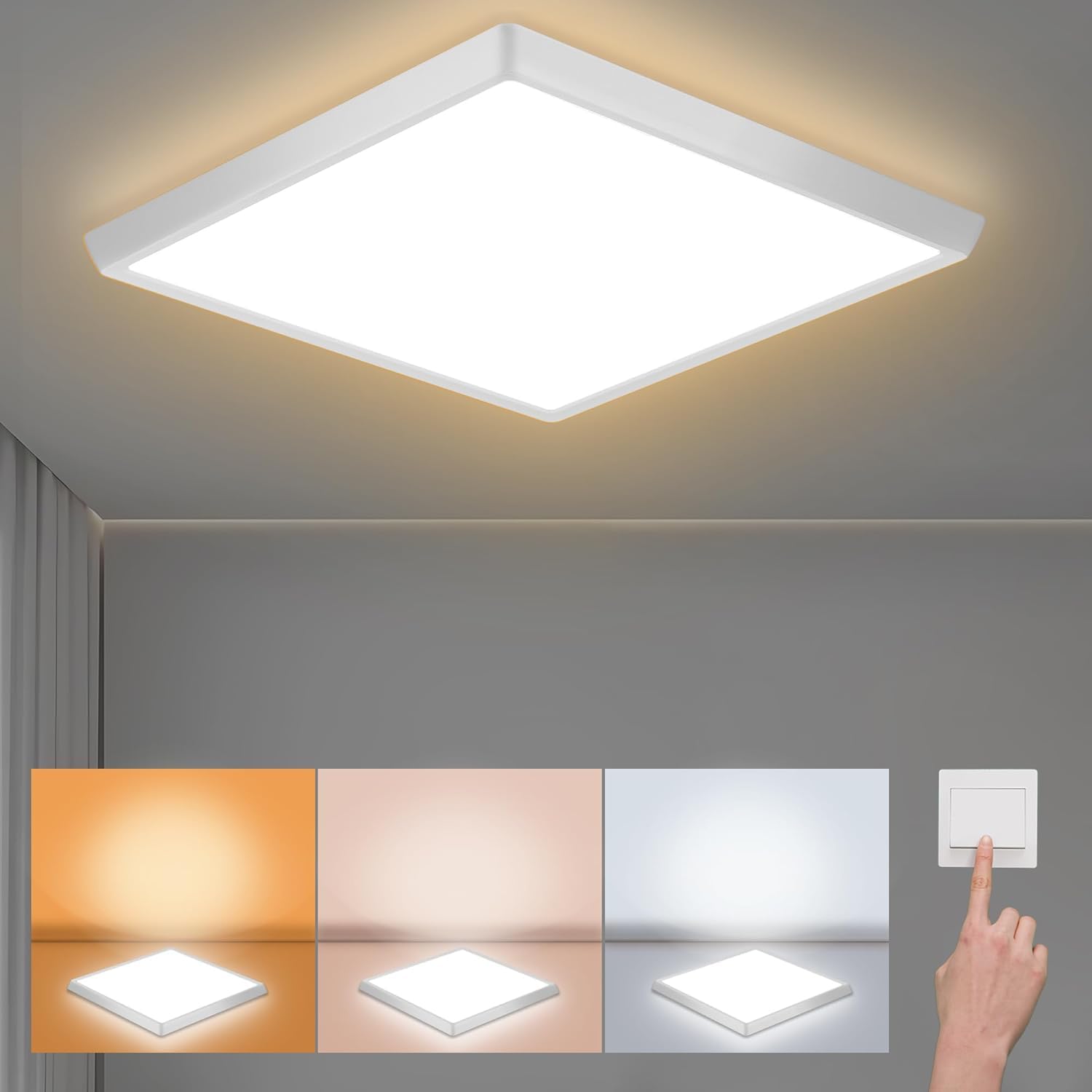 DODOPEN LED Ceiling Light Fixture 12 inch, 2400LM, 24W, 3CCT Square White, Model DSD-F, Non-Dimmable