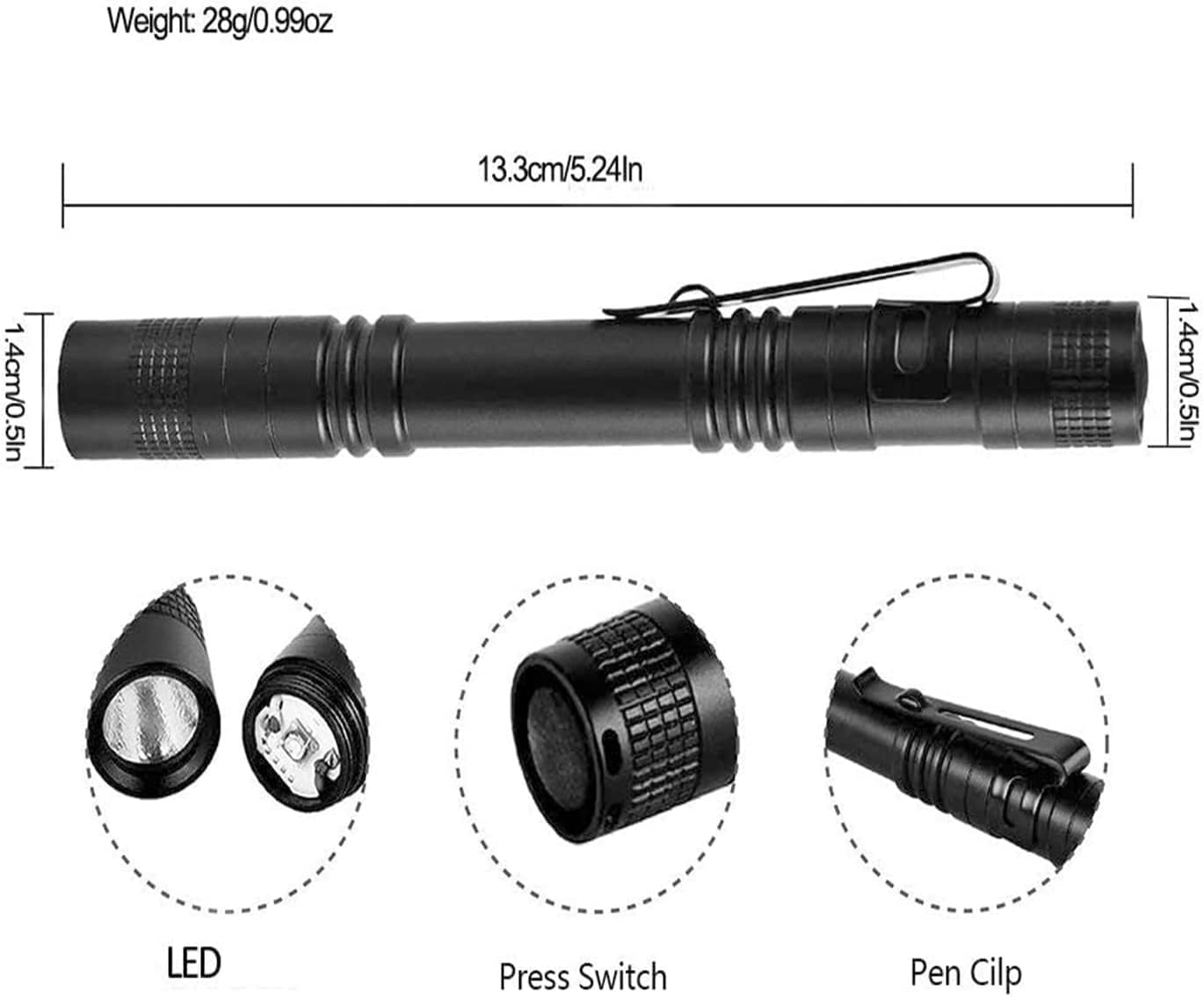 MODOAO Ultra Slim Mini LED Flashlight Tactical Torch 9cm, Model sdt-356, Color 2C, Portable with Belt Clip