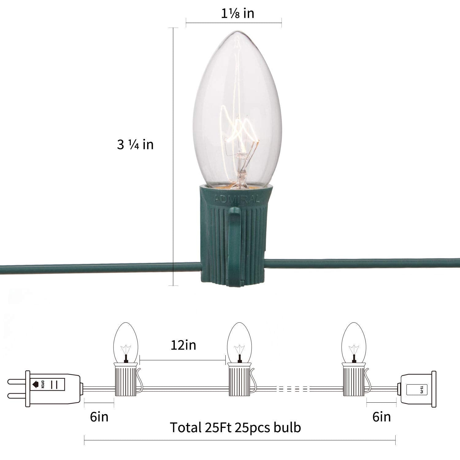 GOOTHY C7 Christmas Lights, 25Ft Outdoor String Lights, 27 Clear Warm White Bulbs, Ceramic, Green