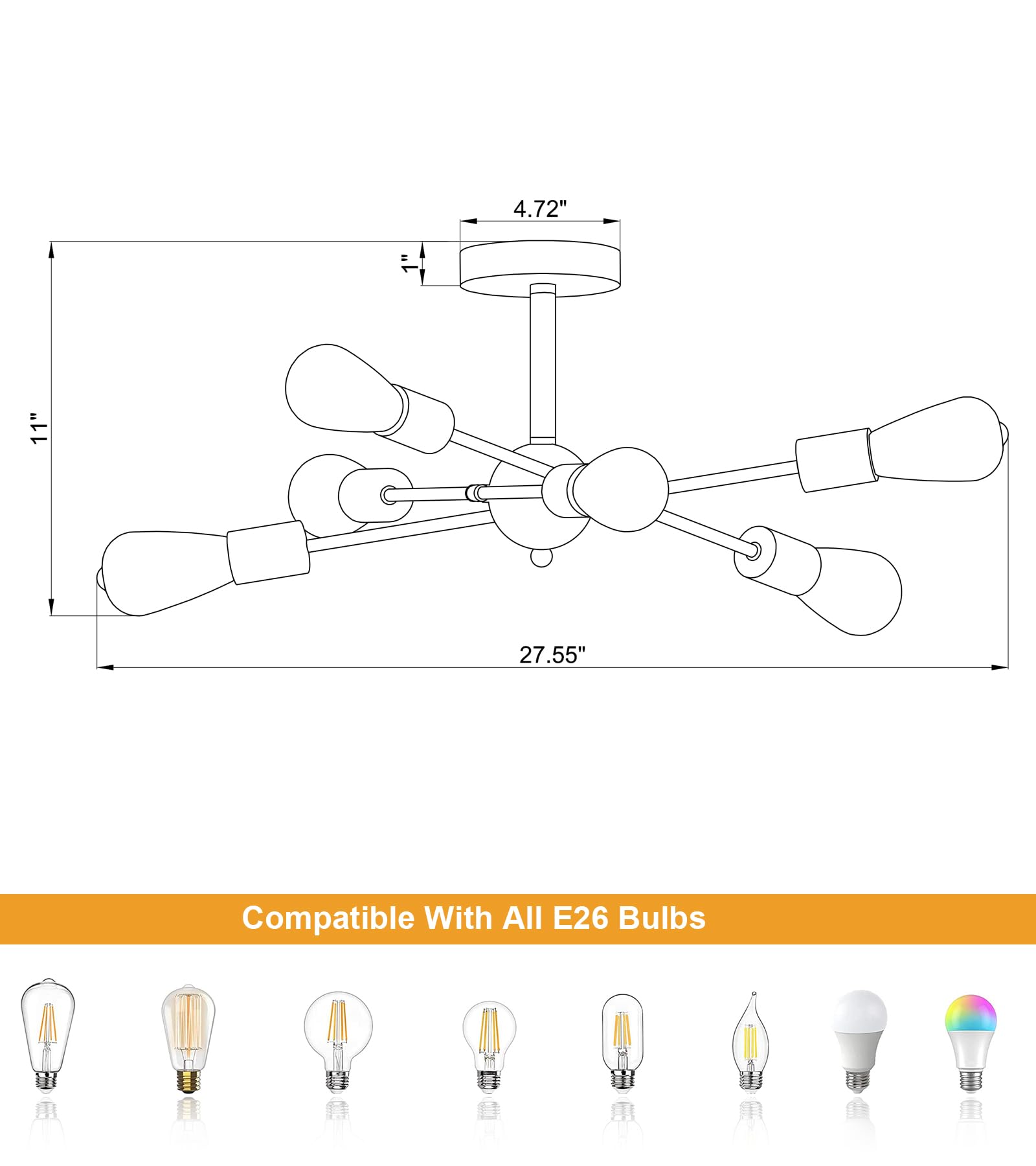MEIXISUE 6-Light Sputnik Chandelier - Modern Black and Gold Semi Flush Mount Ceiling Light Fixture for Hallway, Bedroom, Kitchen, Dining Room
