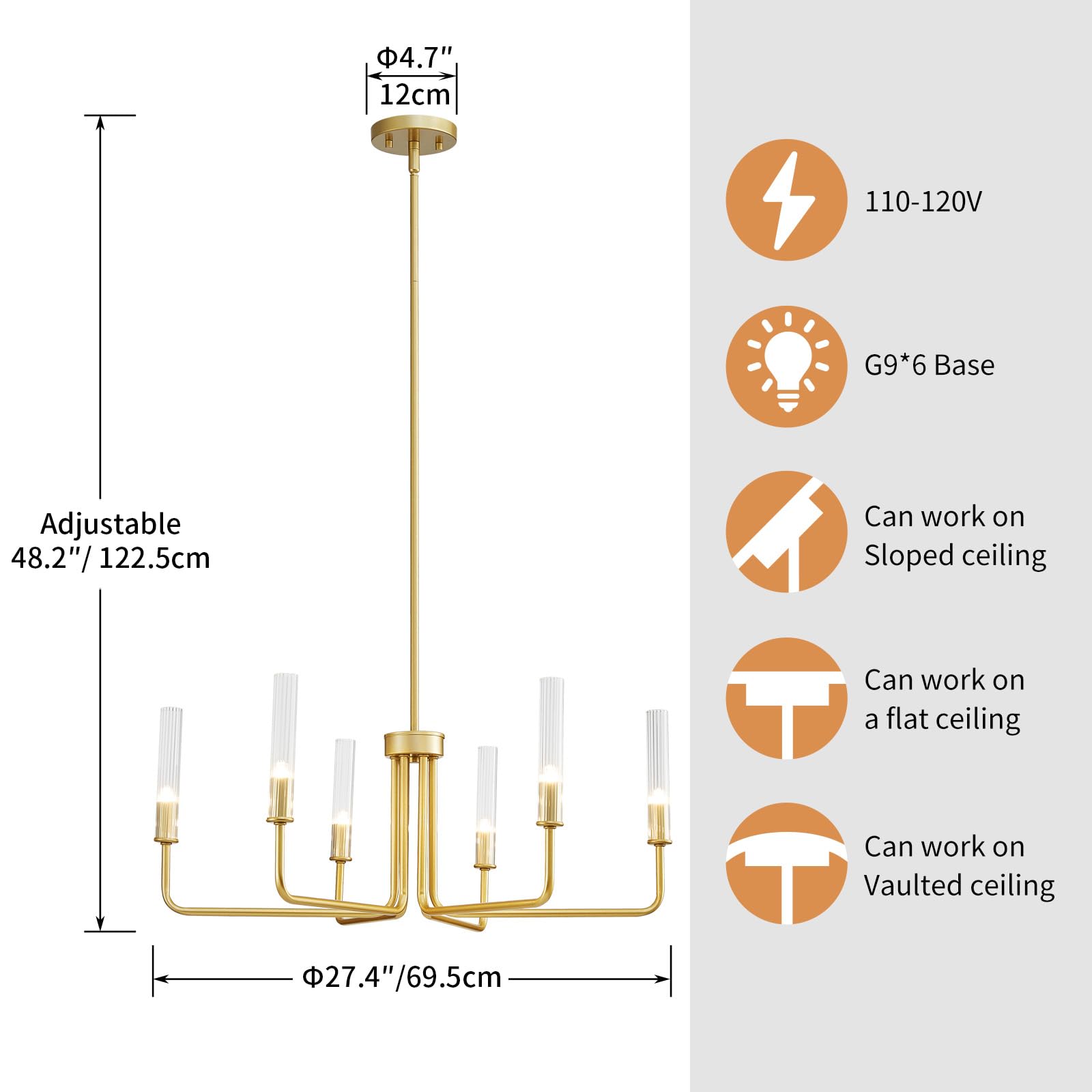 SM Saint Mossi Gold 6-Light Wagon Wheel Chandelier, Modern Pendant Light Fixture with Glass Shades for Dining Room and Living Room, Model 24001G