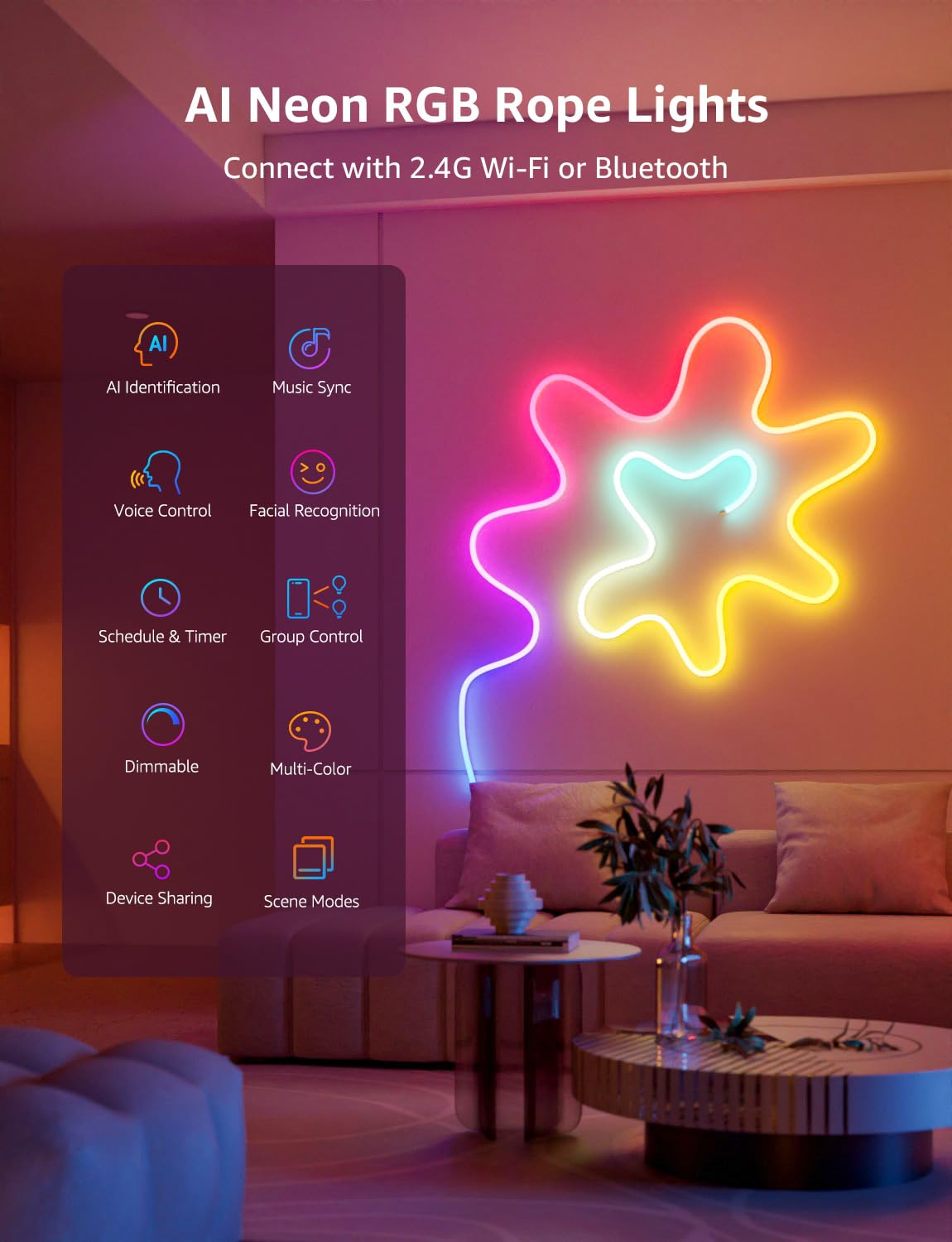 Lepro N1 AI Smart RGB Rope Lights, 32.8ft Multicolor LED Strip, Voice Control, Music Sync, App Compatible