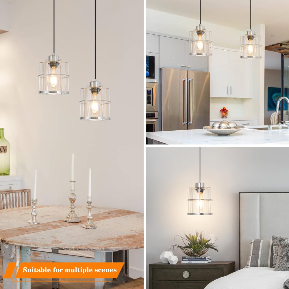 Brushed Nickel Pendant Lights Kitchen Island, Clear Glass Shade Hanging Lamp, Modern Farmhouse Pendant Light Fixtures With Adjus