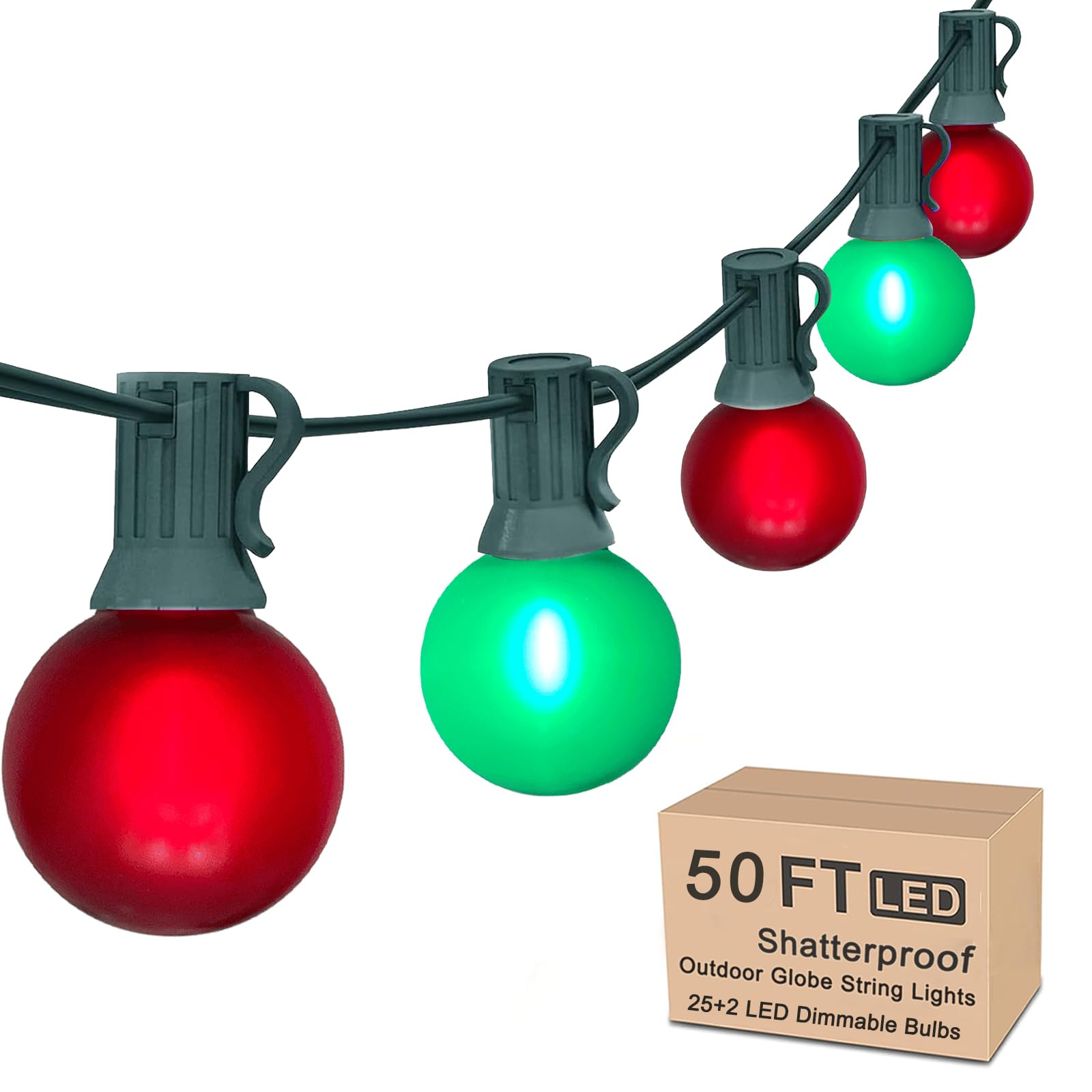 50FT G40 Vintage Outdoor Christmas Lights - 27 LED Frosted Red-Green Globe Strings (2 Spare), for Patio, Balcony, Roofline, Hous