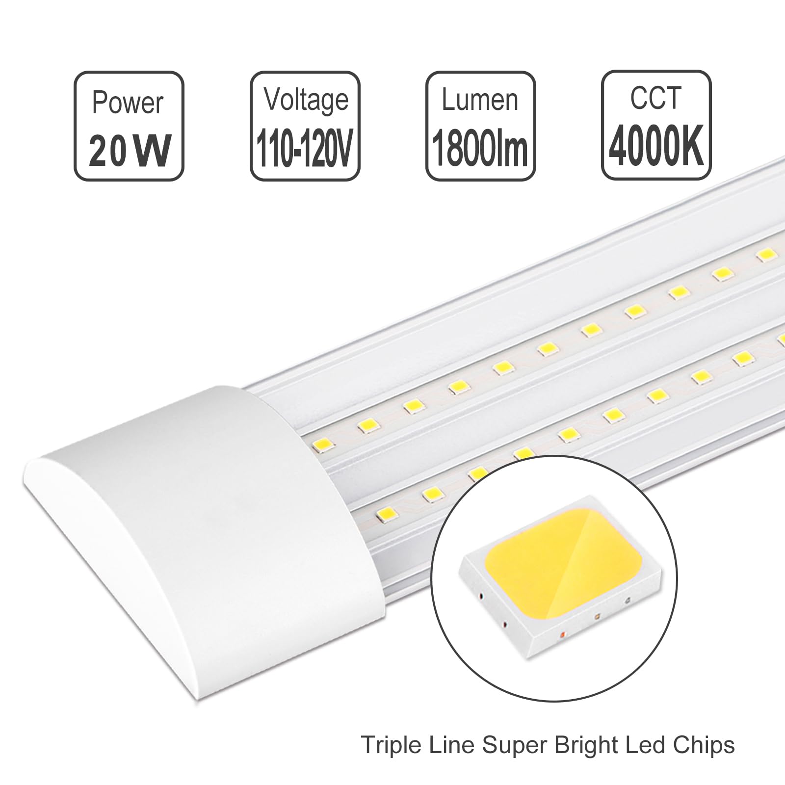 KILIPOL 2FT LED Batten Light, 20W 4000K Neutral White, Slim Ceiling Surface Mounted, 4 Packs, Plastic