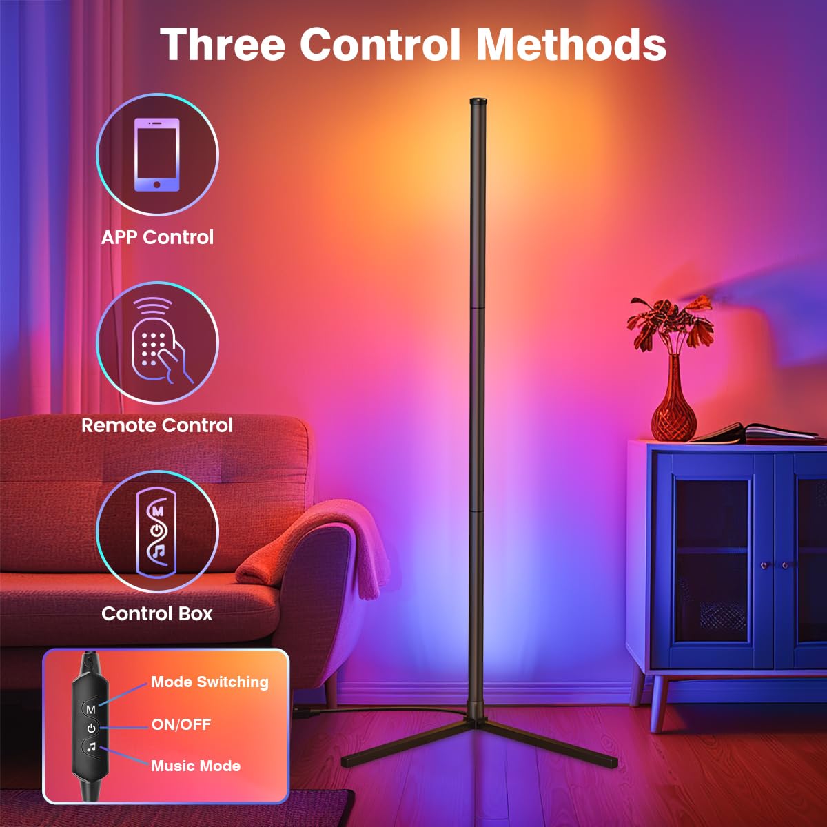 RIYO LED Corner Lamp - RGB Floor Lamp with APP & Remote, 16 Million Colors, Music Sync for Living Room & Bedroom, Black