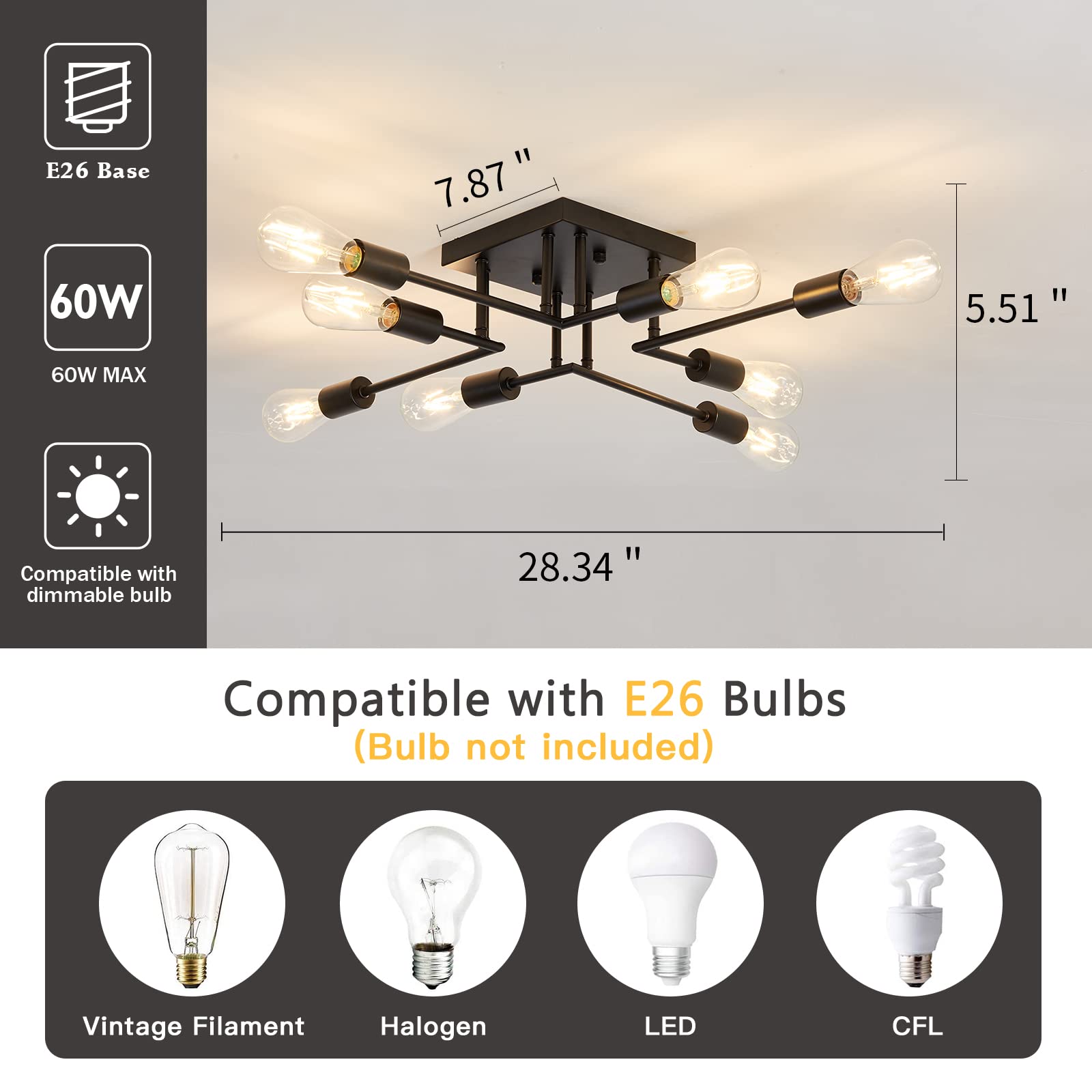 Asgyisa 8-Lights Semi Flush Mount Ceiling Light Fixture Modern Metal Black Sputnik Chandeliers With E26 Bulb Base Close To Ceili