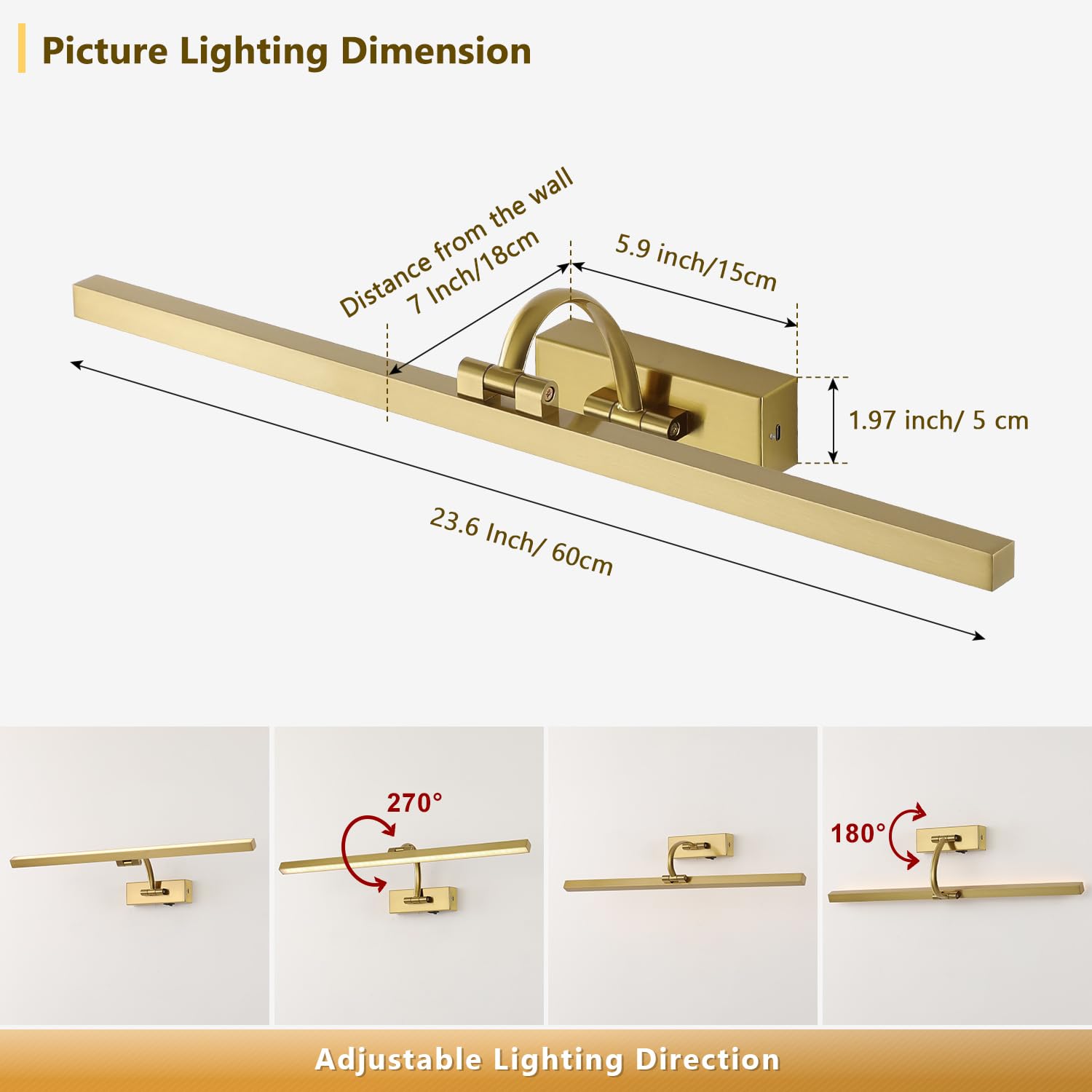 DESOOP Wireless Picture Lights, 23.62" Brass Art Lighting, Battery Operated, Dimmable with Remote, Acrylic, Model 9862