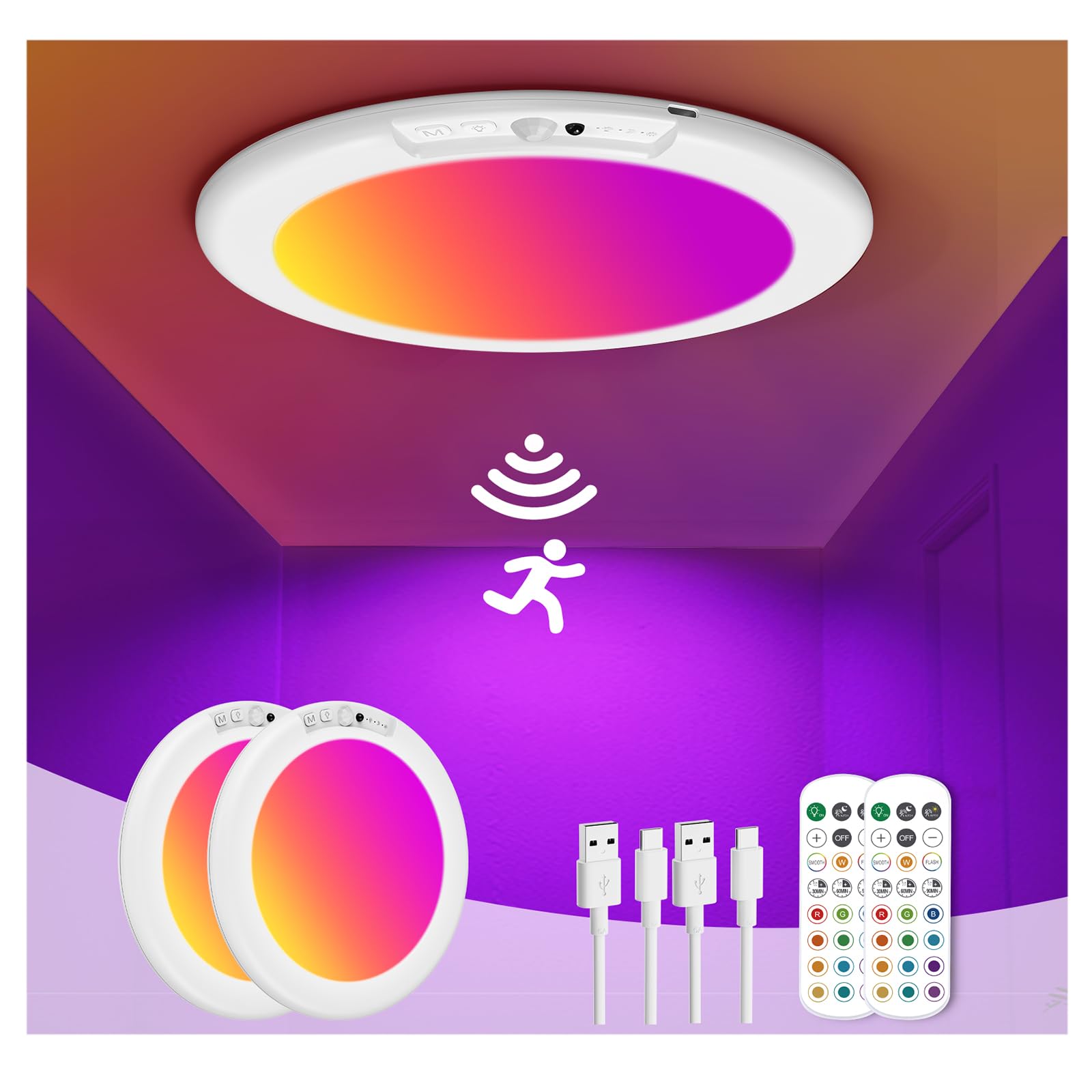 ORYAR Motion Sensor Ceiling Light, 2 Pack, Rechargeable, 13 Colors, Remote Control, Magnetic, RGB Color & White, Model T070