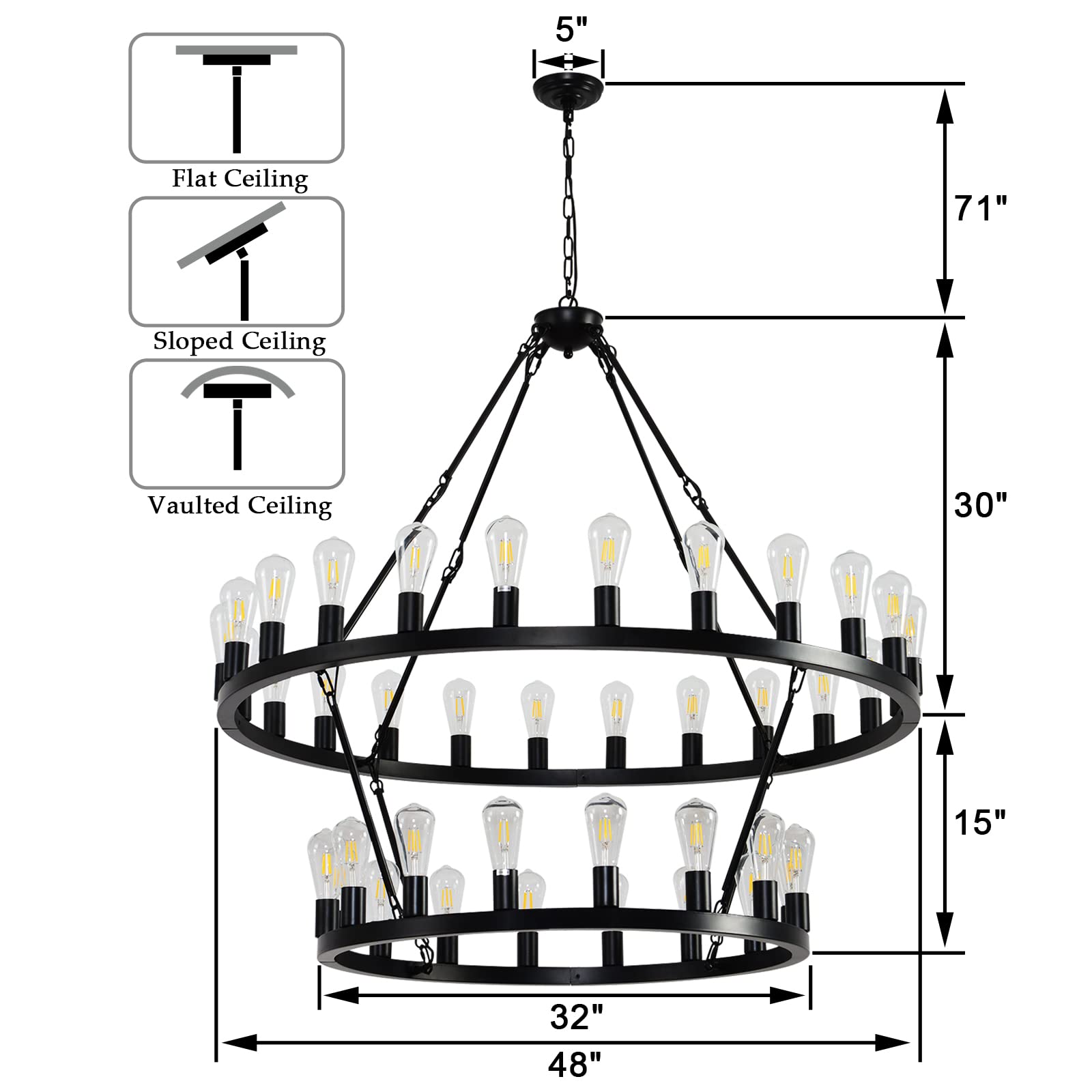 Viksroeo 48&quot; Black 40-Light 2-Tier Wagon Wheel Chandelier For Dining & Living Room