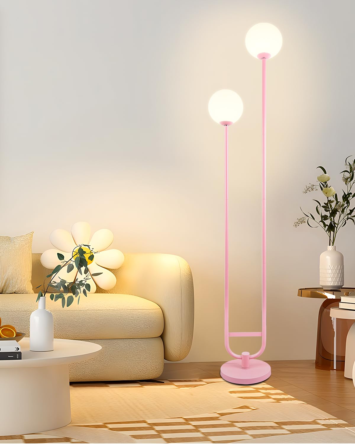 Lightdot 63IN Gold Floor Lamp with U Pole, 2 Globe Mid Century Standing Lamps with Warm White LED Bulbs, Unique Vintage Tall Flo