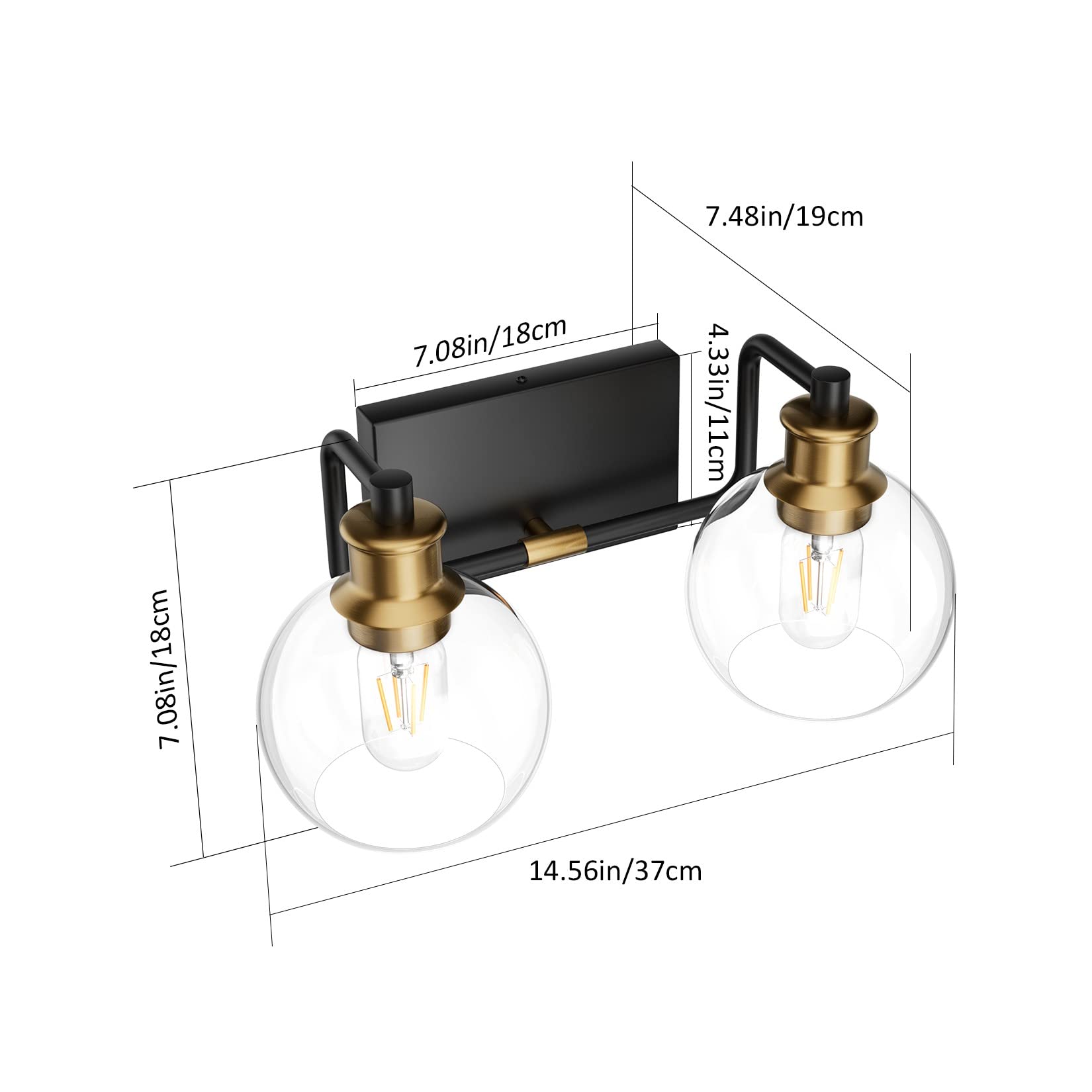 Tipace 2-Light Vintage Bathroom Vanity Light Fixture, Black & Gold, Glass Globe Sconces, Model L-7493-1, Industrial Farmhouse Design