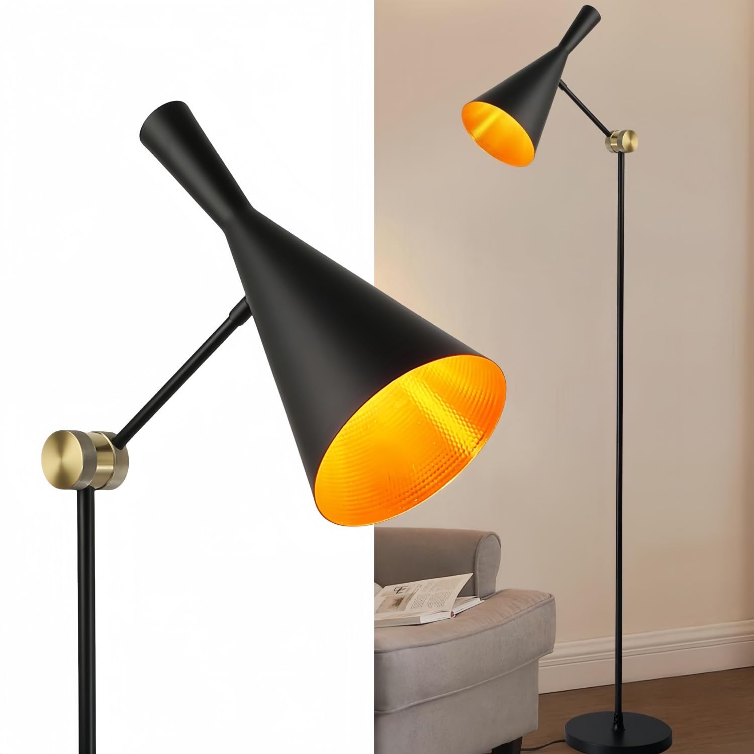 Modern Industrial Floor Lamp For Bedroom, 64 Adjustable Gold Inner Shade Tall Floor Lamp For Office, Living Room, Skinny Corne