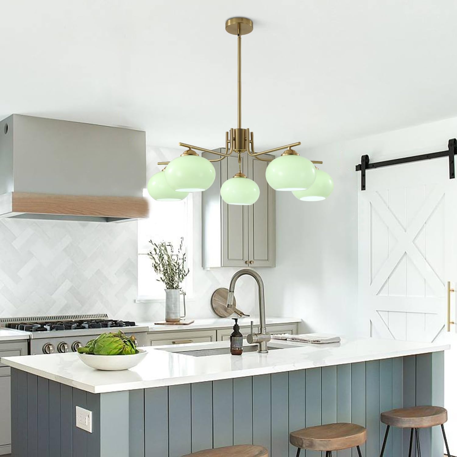 KCO Green Glass Pendant Light - 5 Light Large Globe Chandelier, Brushed Brass, Mid Century Modern, Model L1158-5-G