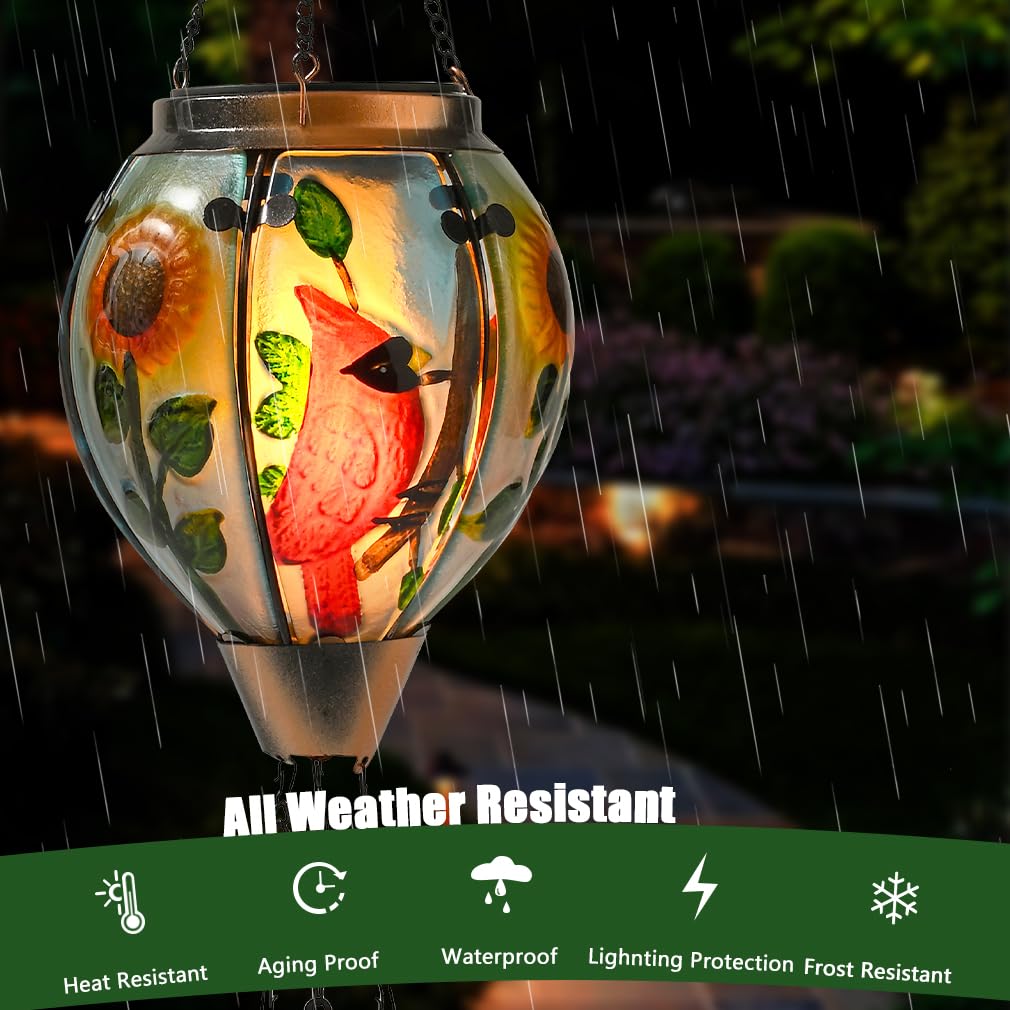 Bathtoo Hot Air Balloon Solar Lantern - Large Cardinal Glass, Waterproof IP65, Simulated Flickering Flame for Patio Lawn Decor
