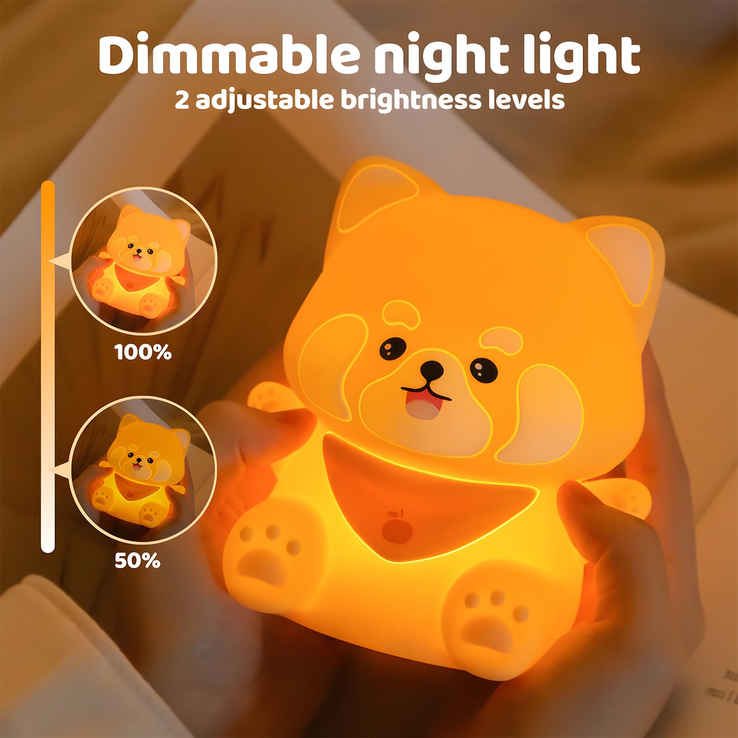Emmanoth Cute Red Panda Night Light,Rechargeable Lamp For Kids Room With Timer,Cute Stuff Desk Decor Dimmable Touch Silicone Ani
