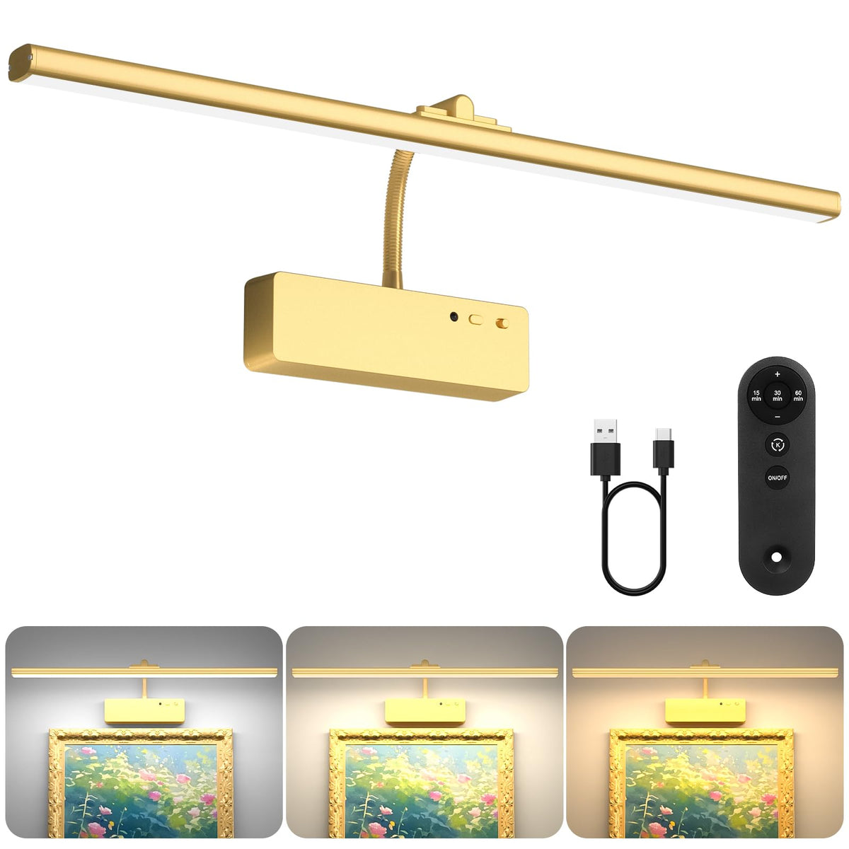 Picture Light with Remote, 20inch Wireless Rechargeable Battery Wall Light for Paintings, 3 Colors Paintings Light Dimmable &Timer Metal Art Light for Display, Wall, Artwork, Gallery (Gold)