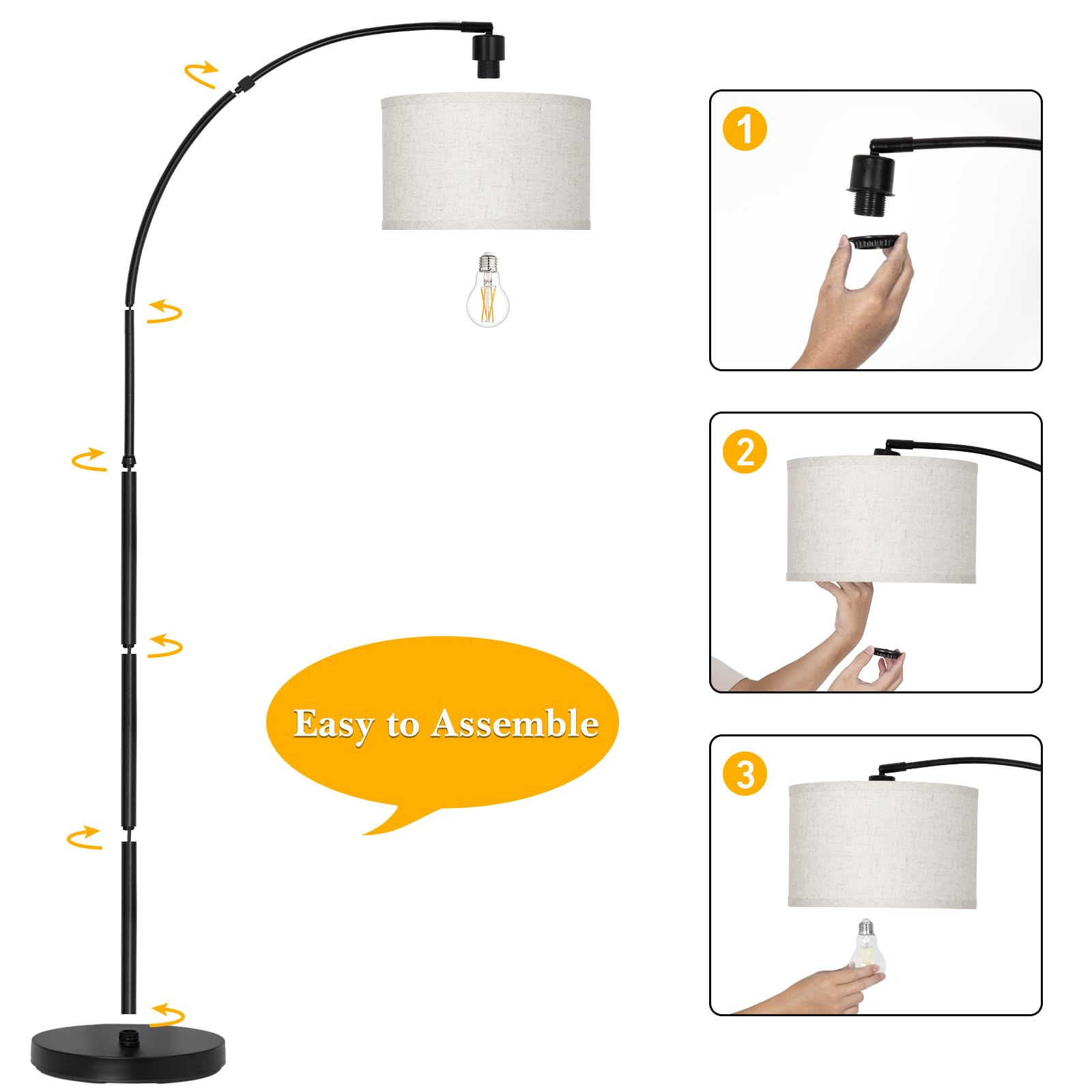 Black Arc Floor Lamps For Living Room,Modern Standing Lamp With Adjustable Drum Lampshade Tall Pole Lamp With Foot Switch Over C